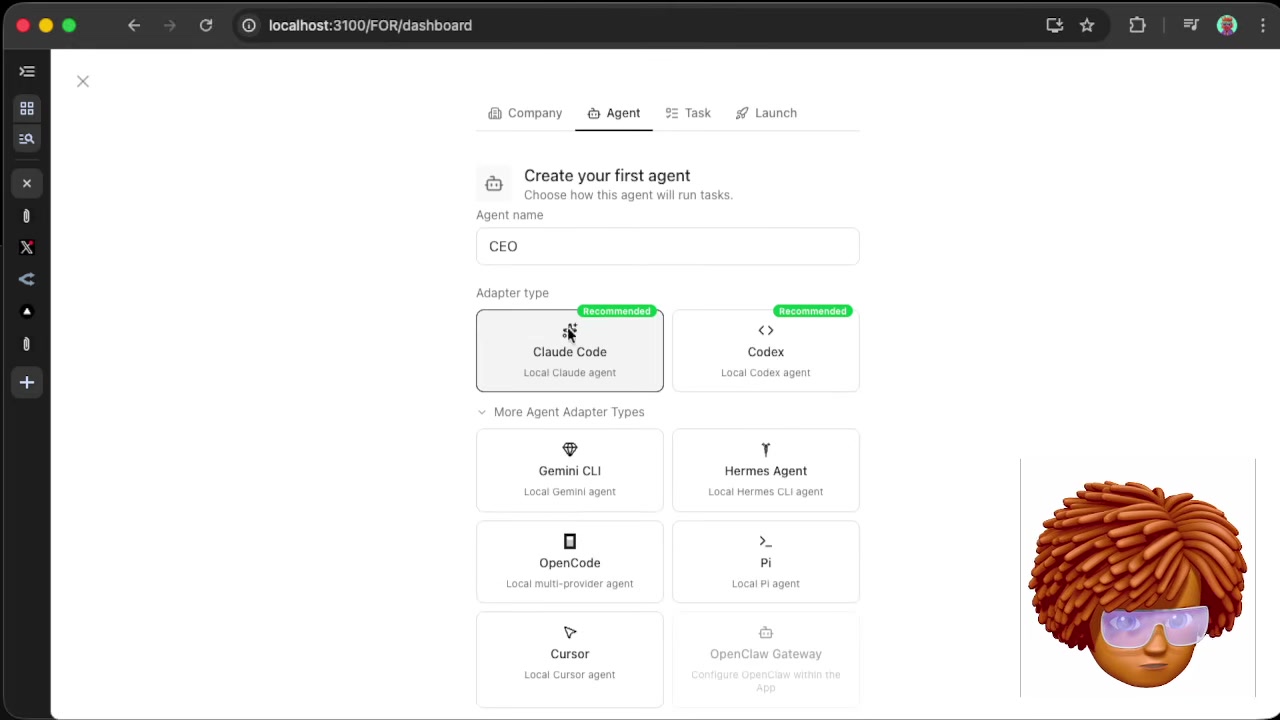 Create-your-first-agent screen showing Adapter type options: Claude Code and Codex marked Recommended, with More Agent Adapter Types expanded to reveal Gemini CLI, Hermes Agent, OpenCode, Pi, Cursor, and OpenClaw Gateway