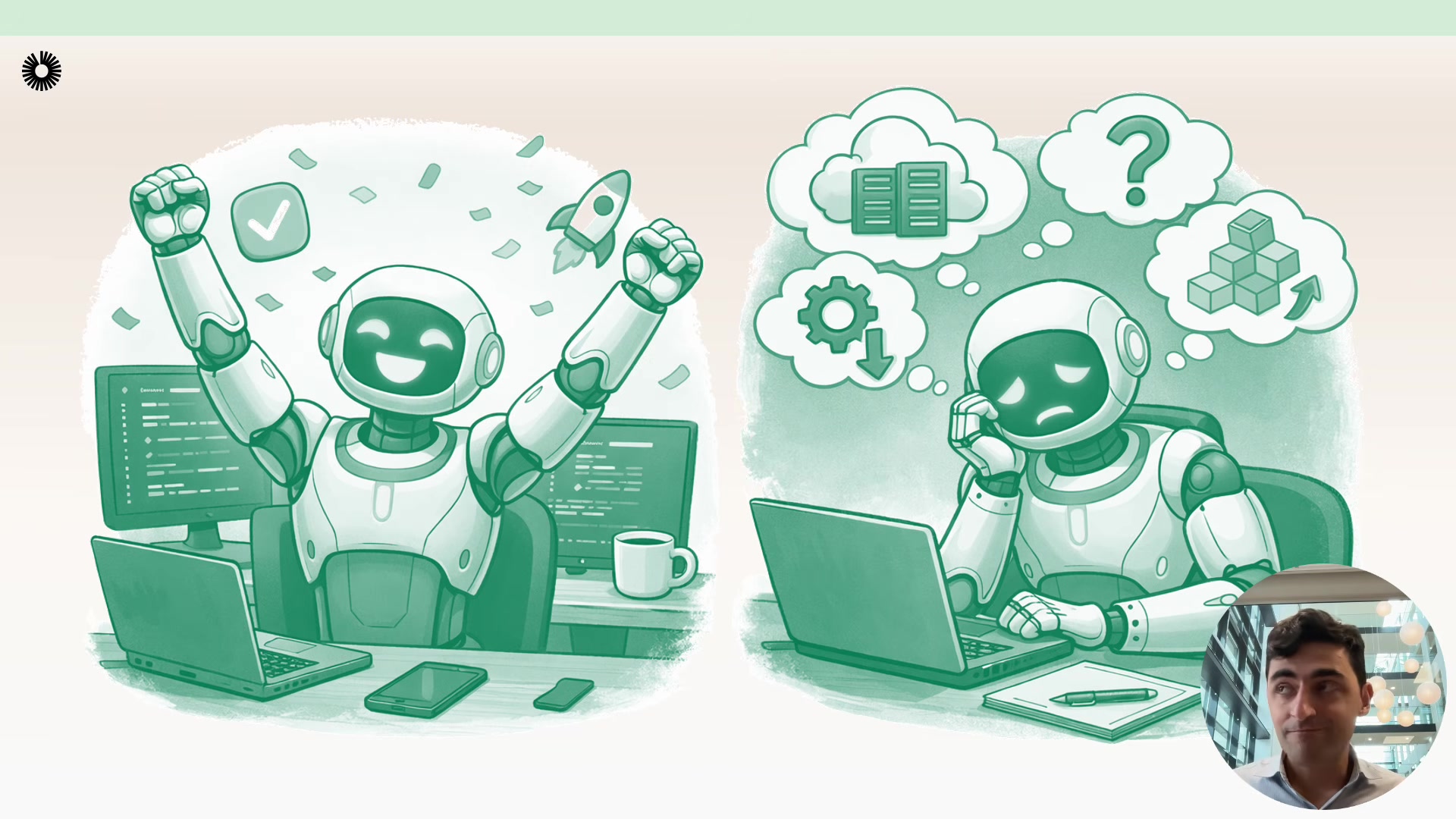 The same split illustration, now with robots instead of humans: a happy robot celebrates writing code on the left, while a frustrated robot on the right faces the same cloud, infrastructure, and deployment thought bubbles