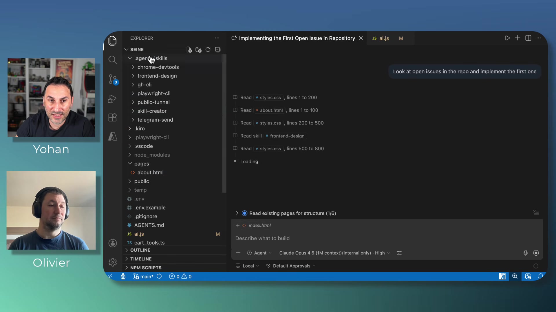 VS Code explorer showing the .agent/skills/ folder expanded with skills including chrome-devtools, frontend-design, gh-cli, playwright-cli, public-tunnel, skill-creator, and telegram-send, while a coding agent reads files and loads skills in the right panel