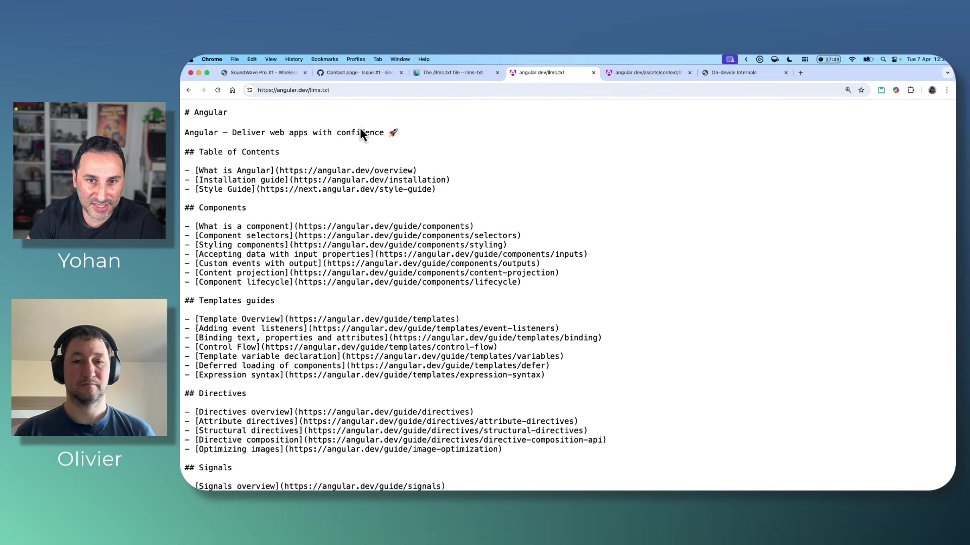 Angular.dev's llms.txt file displayed in a browser, showing a structured markdown table of contents with links to component guides, template guides, directives, and signals documentation