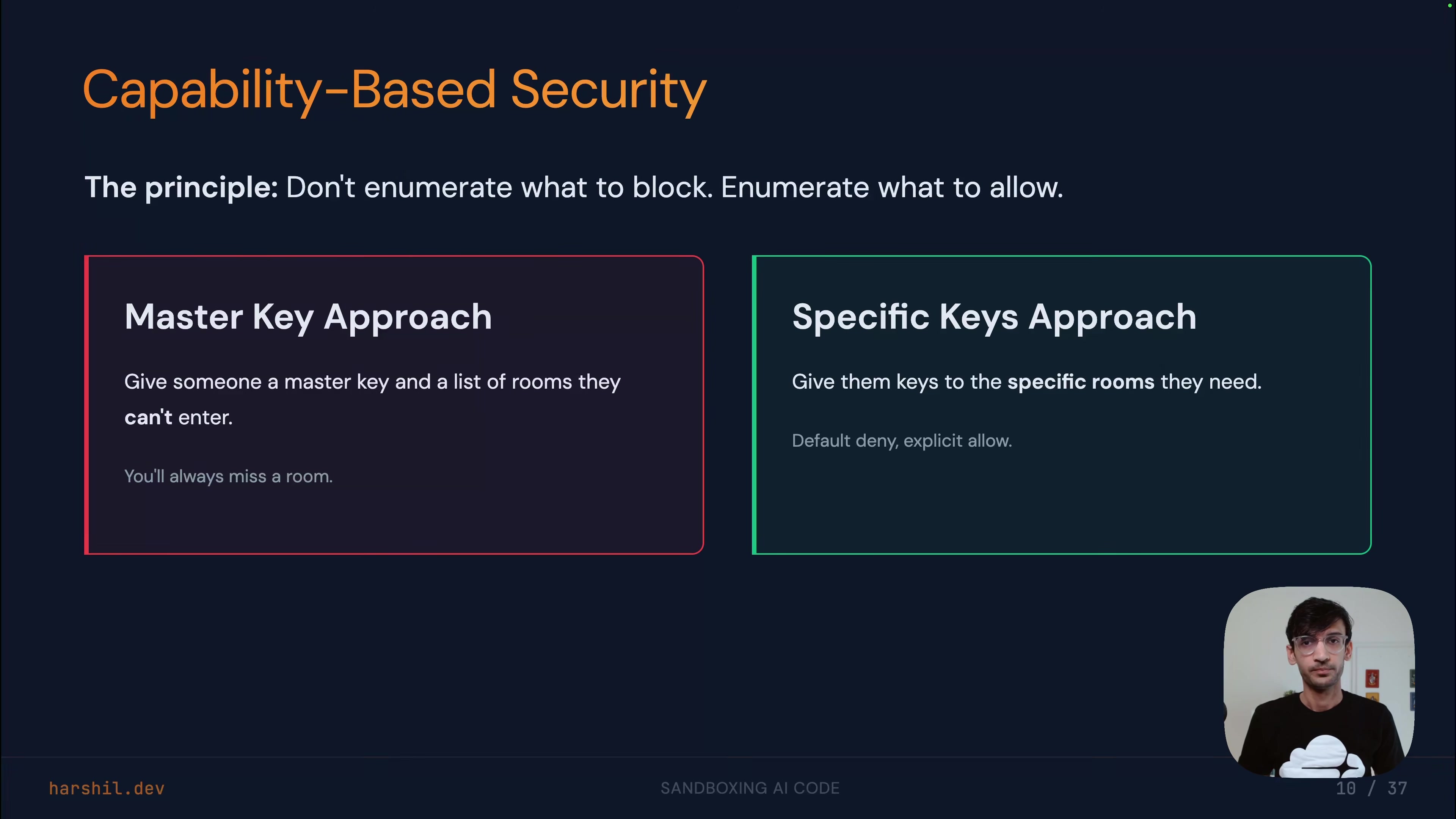 Capability-Based Security: the Master Key Approach (blocklist, "you'll always miss a room") contrasted with the Specific Keys Approach (allowlist, "default deny, explicit allow")