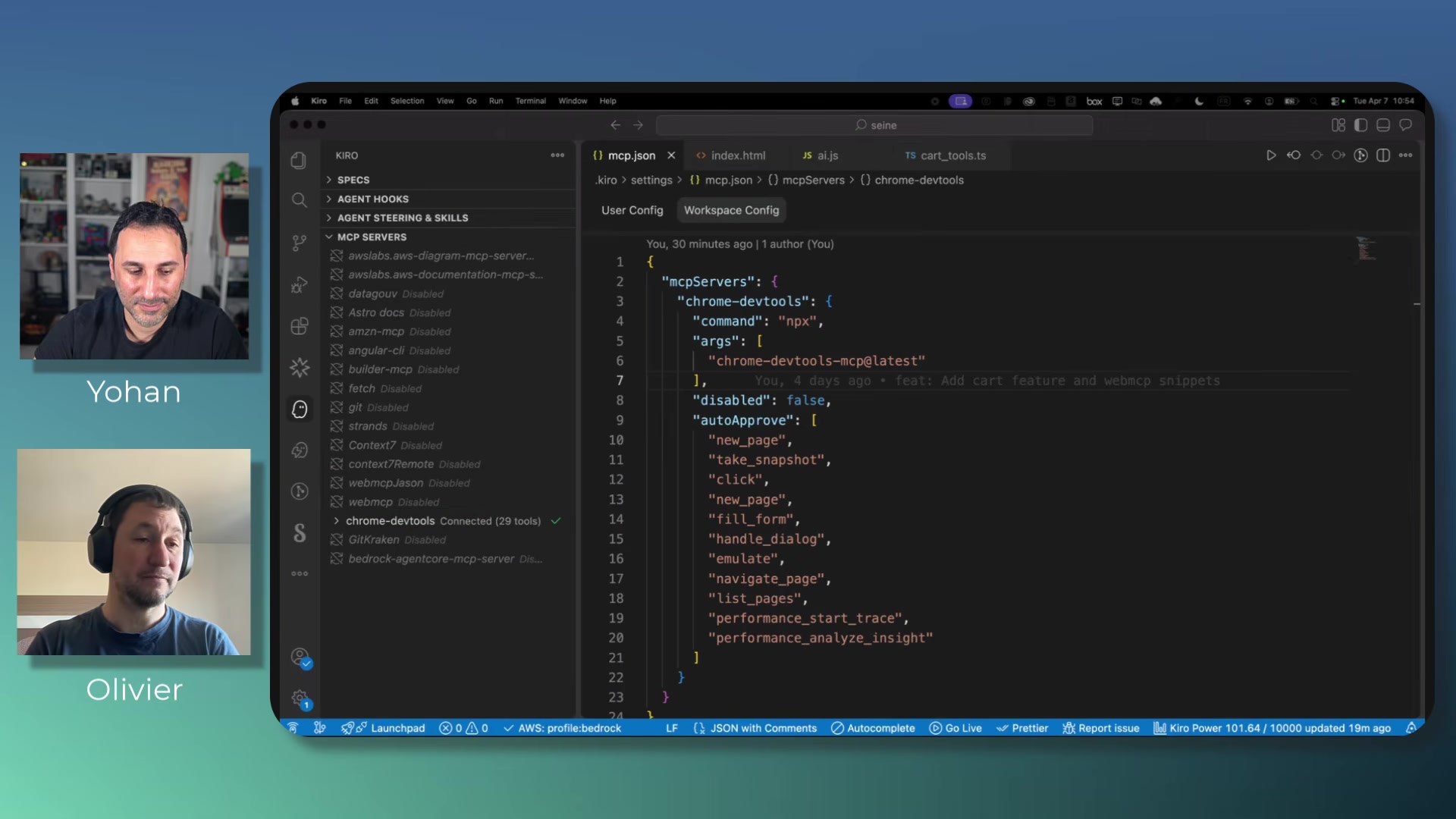 VS Code showing the mcp.json configuration for the chrome-devtools MCP server, with the available tools listed in the left sidebar including click, fill_form, take_screenshot, navigate_page, and performance_analyze_insight