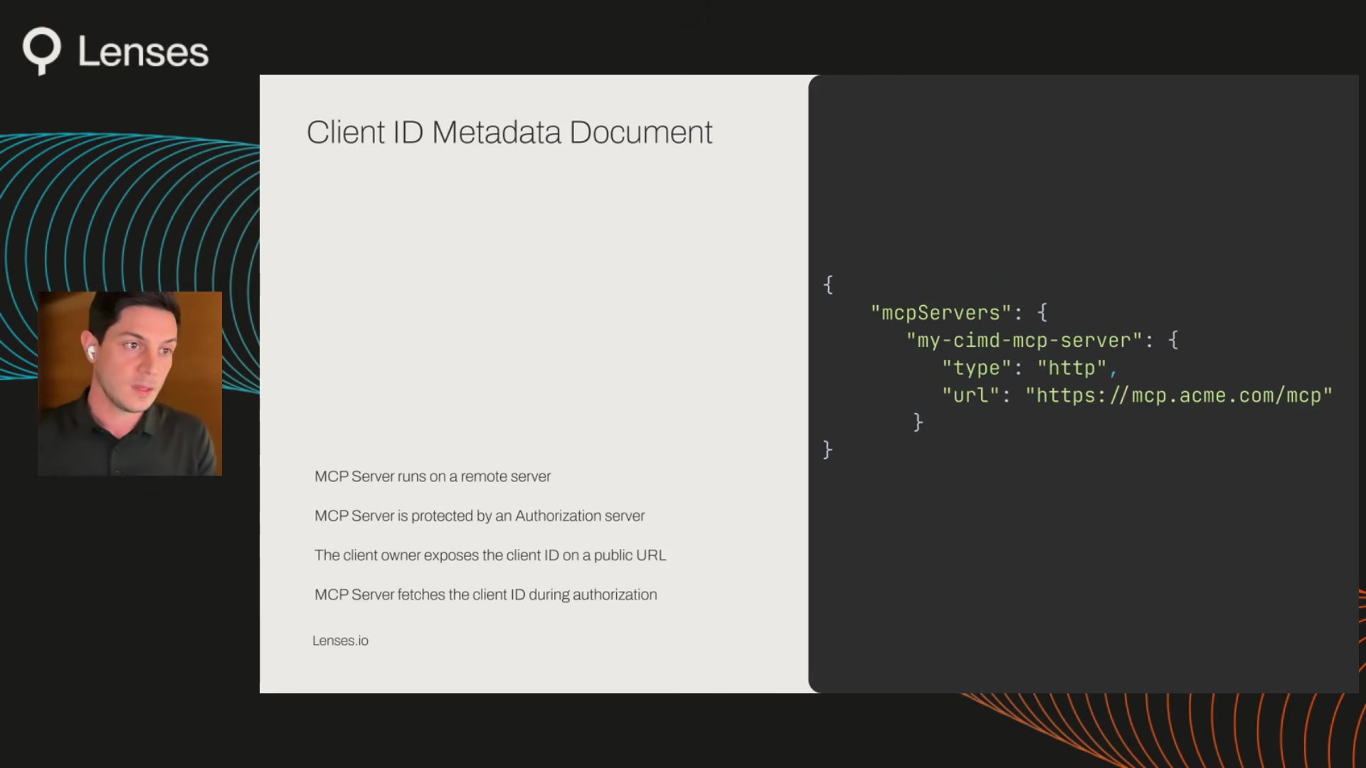 Slide showing Client ID Metadata Document overview: the MCP server runs remotely, is protected by an authorization server, the client owner exposes its ID on a public URL, and the server fetches client metadata during authorization. A JSON config snippet shows the simple client setup.