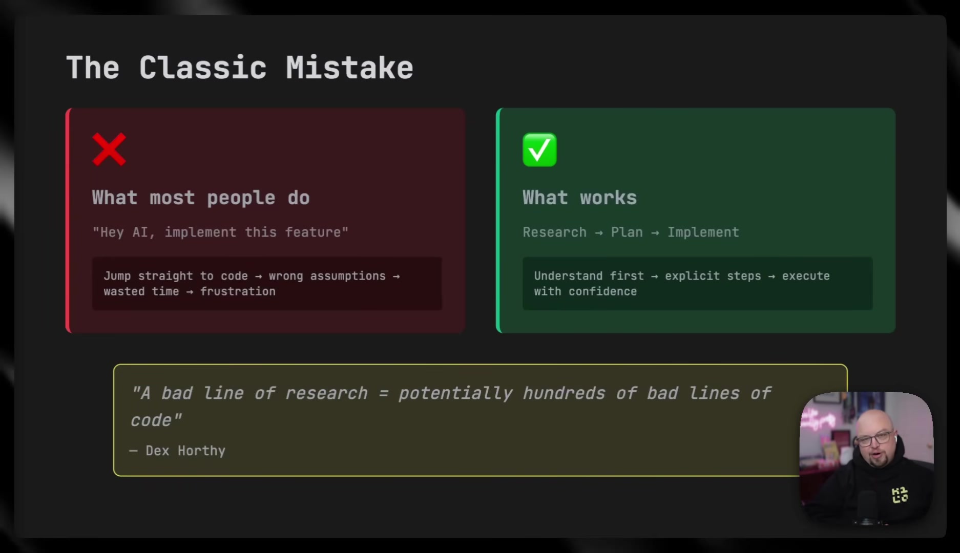 Slide titled "The Classic Mistake" contrasting what most people do (red panel: "Hey AI, implement this feature" leading to wrong assumptions, wasted time, and frustration) versus what works (green panel: Research → Plan → Implement, leading to understanding first, explicit steps, and executing with confidence), with the Dex Horthy quote at the bottom