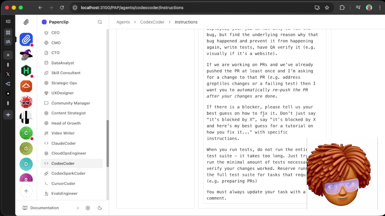 CodexCoder Instructions page with Dotta's standing rules in editable text: find the underlying reason for bugs and prevent recurrence; automatically re-push PRs after addressing greptile changes; if blocked, give your best guess and a tutorial; don't run the whole test suite, run the minimal amount necessary