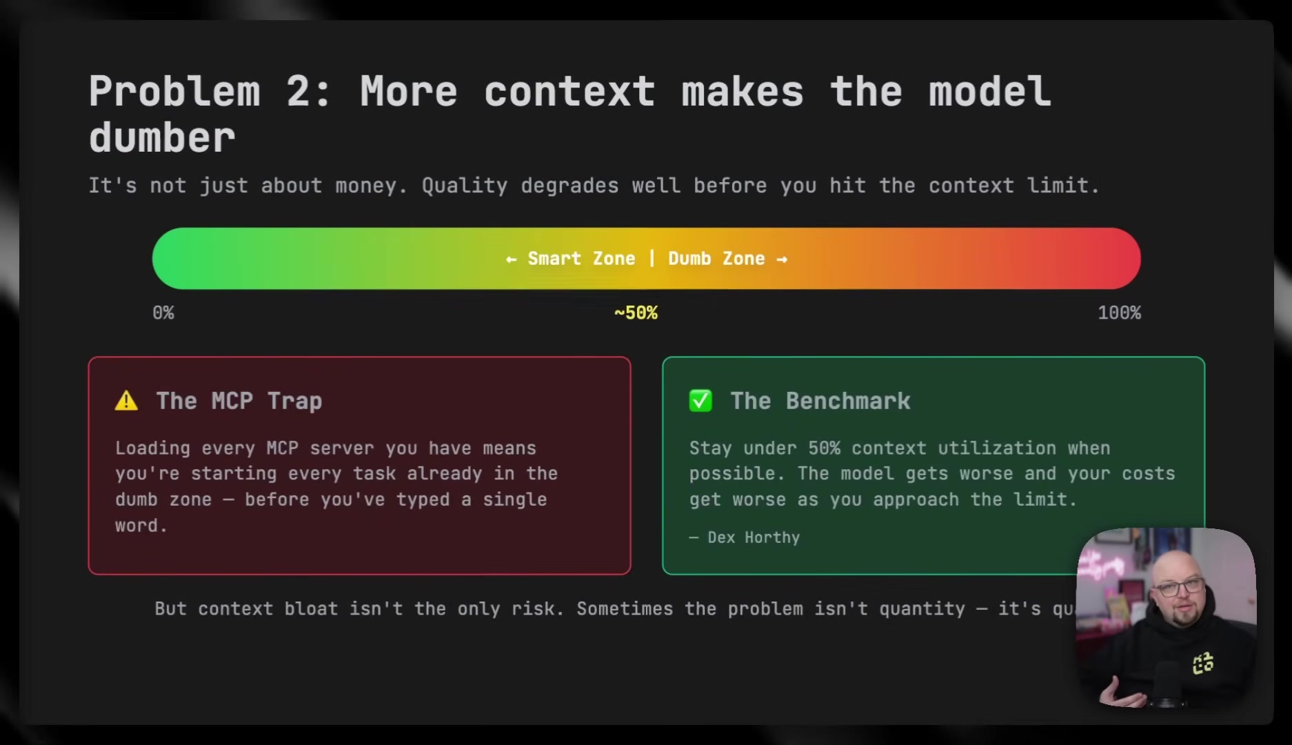 Slide titled "Problem 2: More context makes the model dumber" showing a gradient bar from green (Smart Zone) to red (Dumb Zone) at roughly 50% context utilization, with warnings about the MCP Trap (loading every MCP server puts you in the dumb zone before you've typed a word) and a benchmark recommendation to stay under 50% context utilization