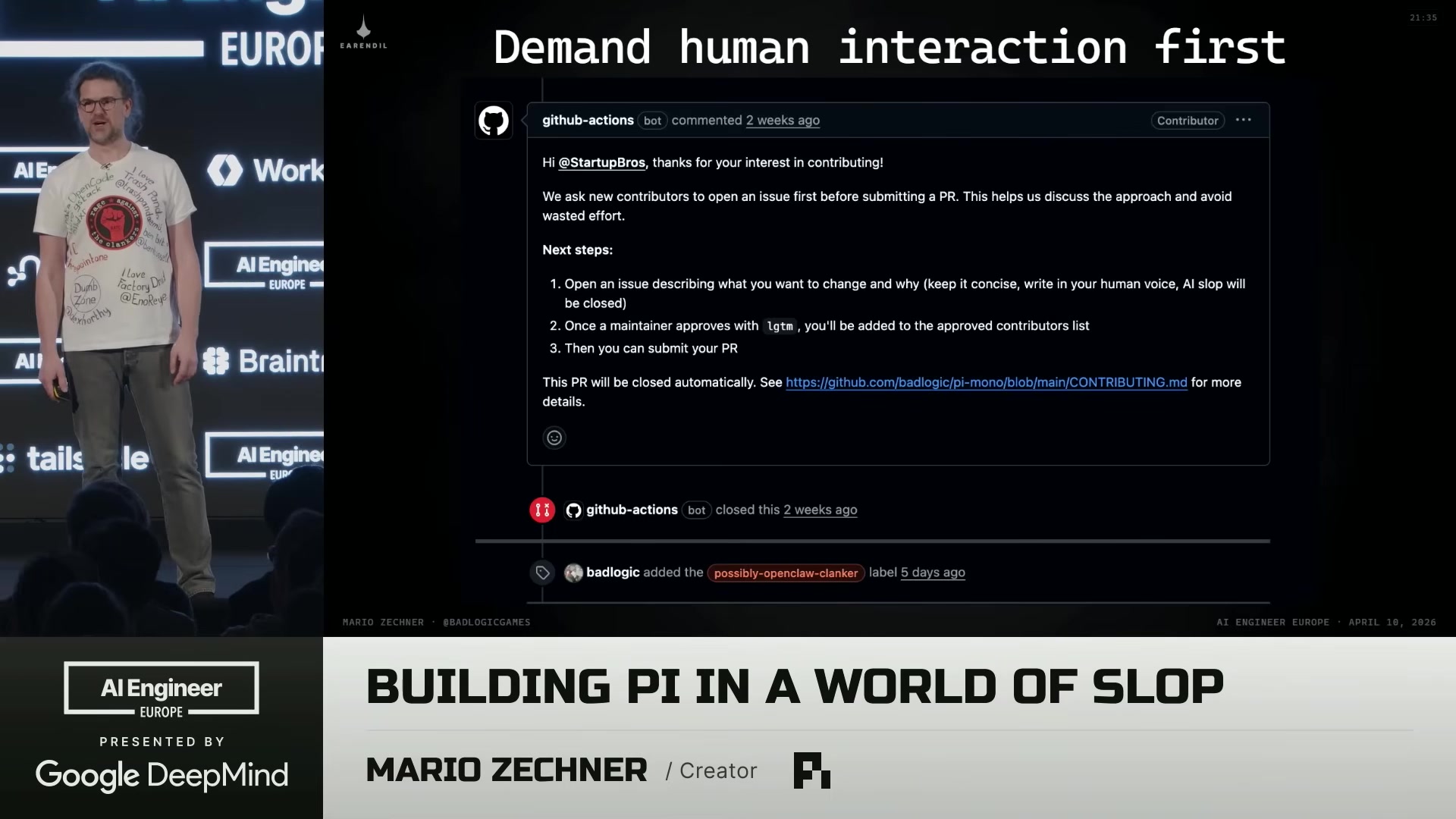 GitHub bot comment titled "Demand human interaction first" asking a contributor to open an issue in their human voice and explaining the approval workflow, with the PR labeled "possibly-openclaw-clanker"