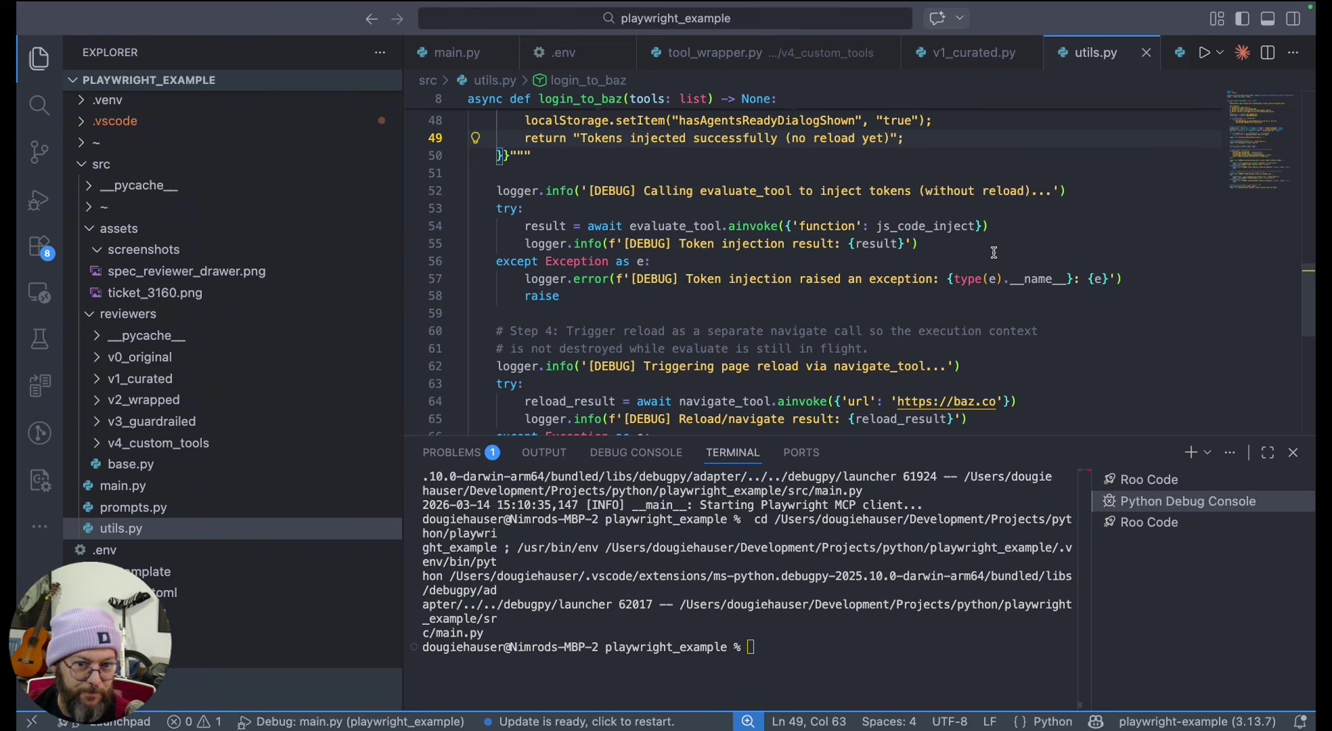 Code showing the deterministic login_to_baz function that injects tokens into browser localStorage and triggers a page reload — called as a plain function before the agent starts, bypassing the agentic loop entirely