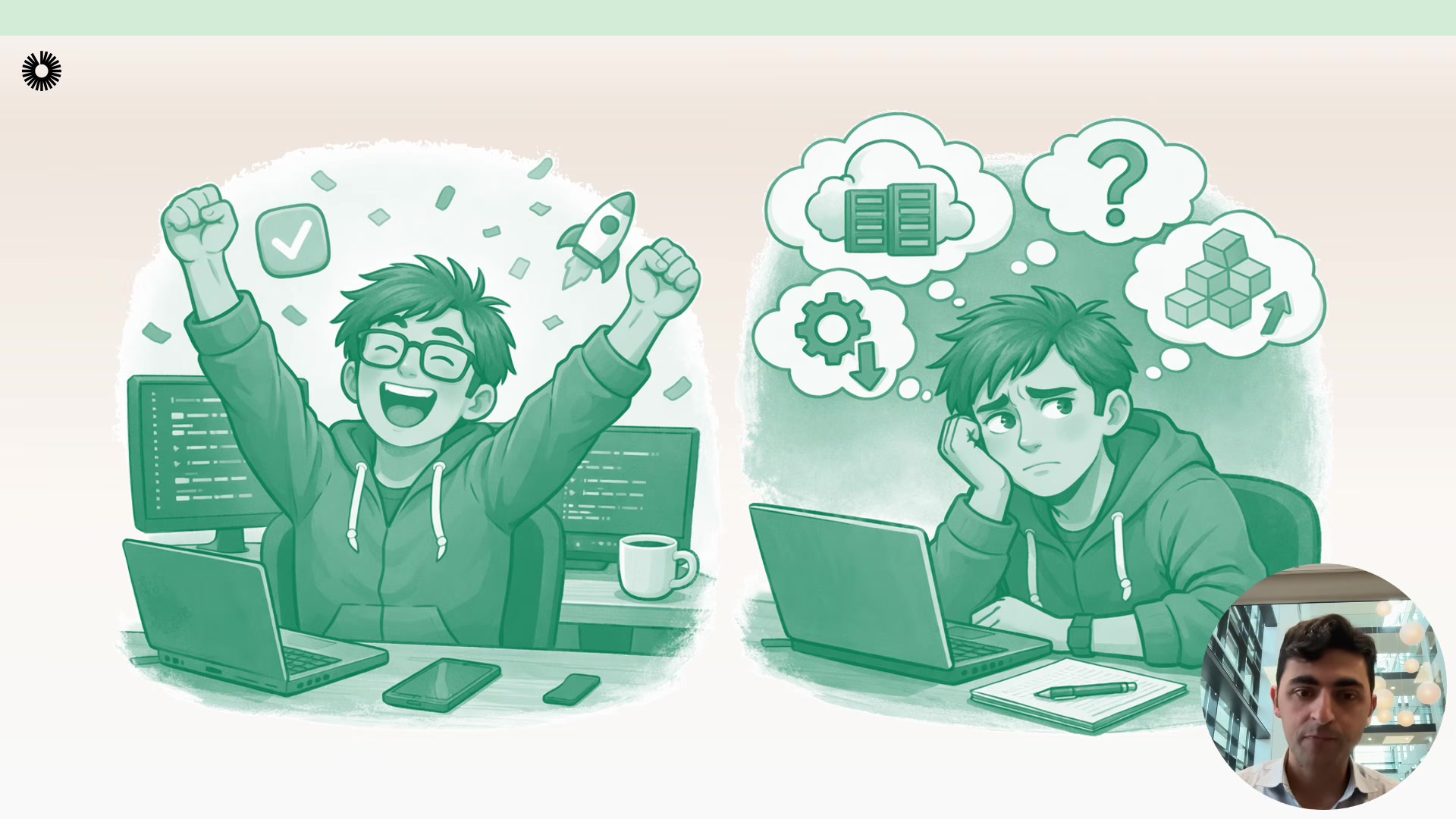 Slide illustration split in two: on the left, a developer celebrates at their desk after writing code; on the right, the same developer sits frustrated, thinking about cloud infrastructure, deployment pipelines, and provisioning