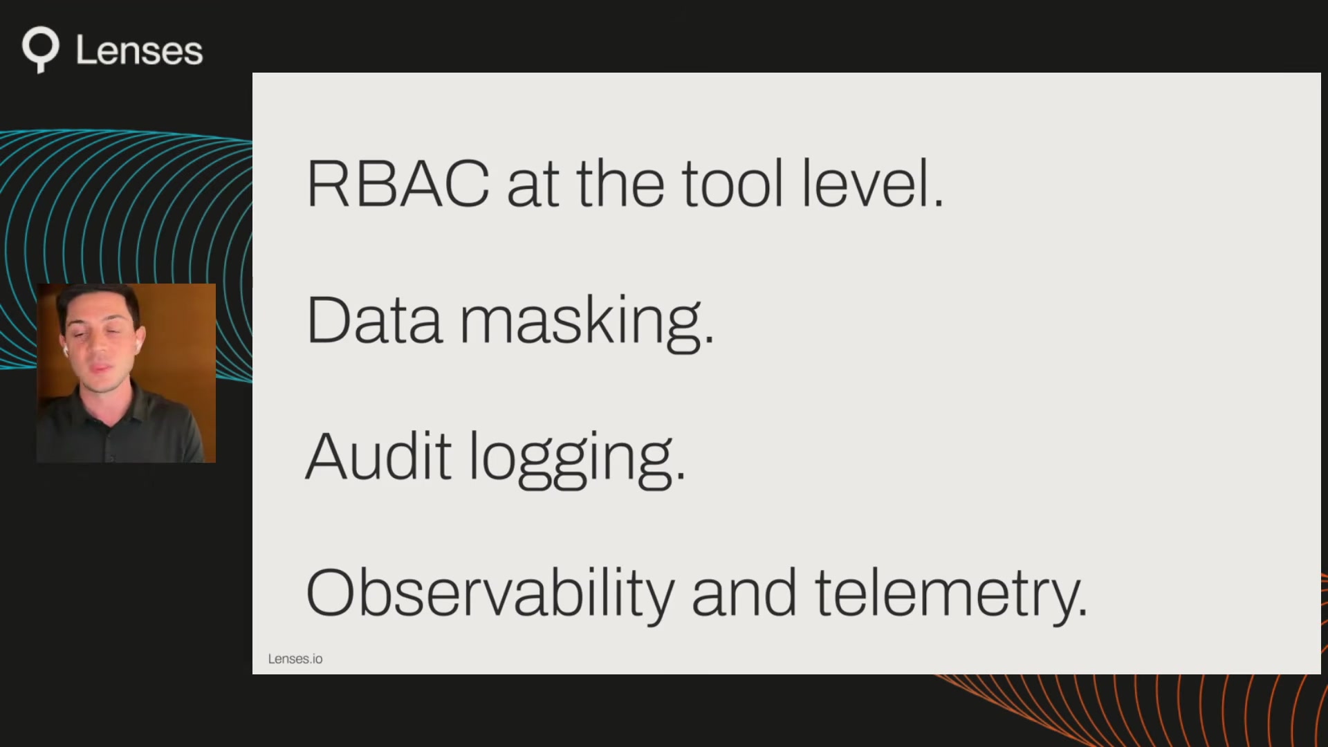 Slide listing the four enterprise requirements beyond OAuth: RBAC at the tool level, data masking, audit logging, and observability and telemetry