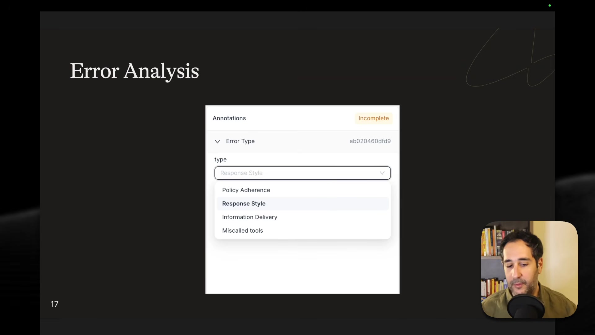 Slide titled "Error Analysis" showing Agenta's annotation interface with a dropdown listing four error categories: Policy Adherence, Response Style, Information Delivery, and Miscalled tools