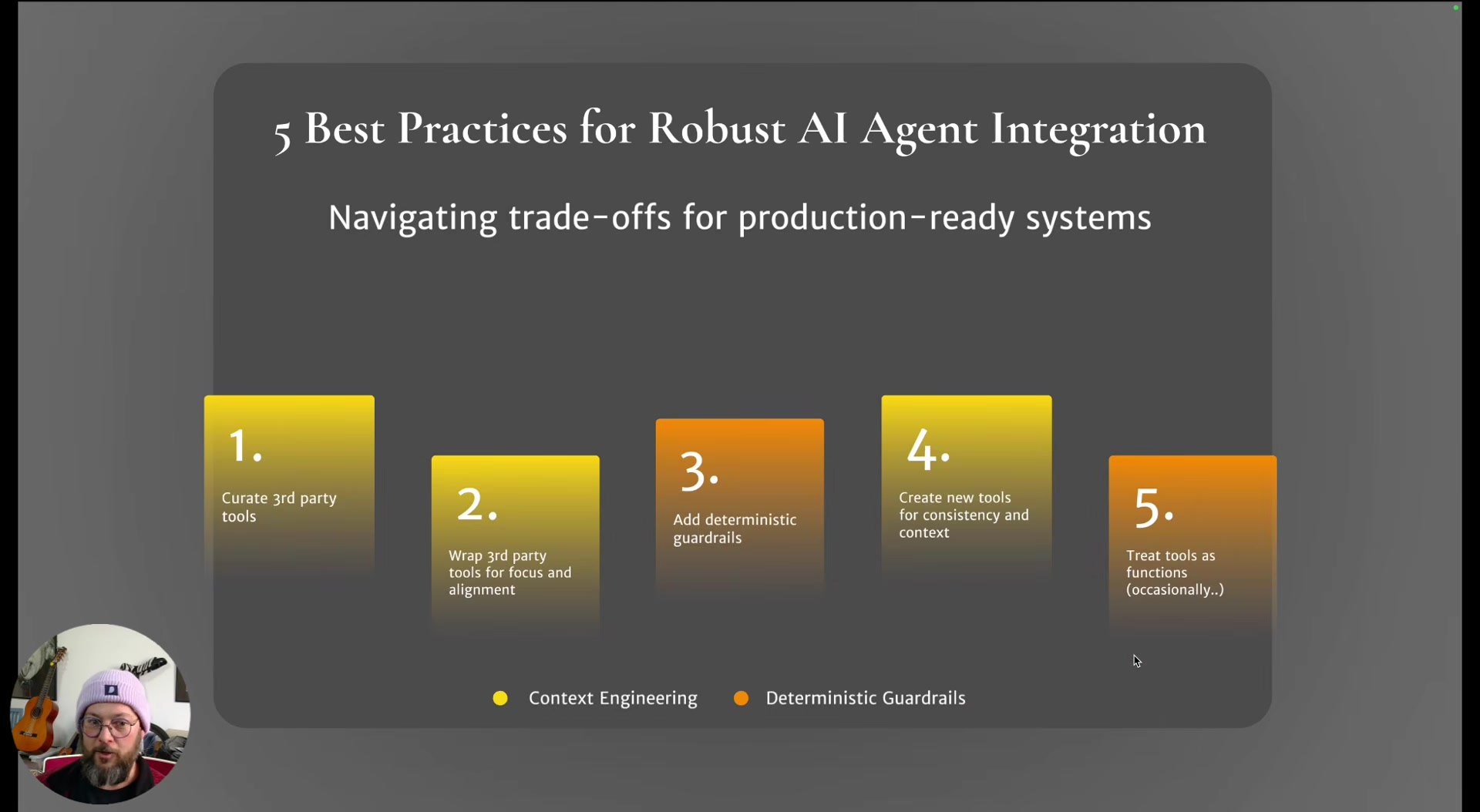 Slide titled "5 Best Practices for Robust AI Agent Integration" showing five numbered cards: 1. Curate 3rd party tools, 2. Wrap 3rd party tools for focus and alignment, 3. Add deterministic guardrails, 4. Create new tools for consistency and context, 5. Treat tools as functions (occasionally). Cards are color-coded with a legend showing Context Engineering and Deterministic Guardrails buckets.