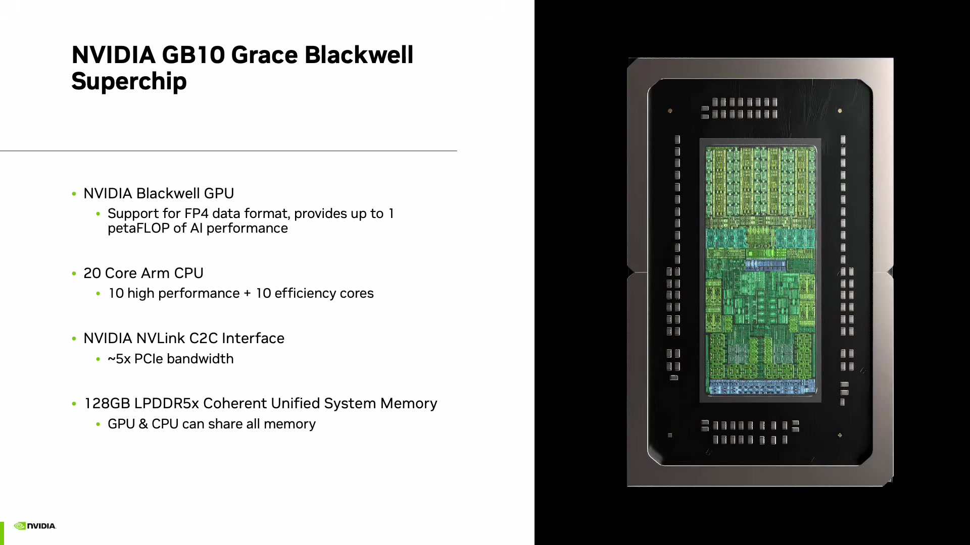 The GB10 Grace Blackwell Superchip spec sheet: NVIDIA Blackwell GPU with FP4 support, 20-core Arm CPU, NVLink C2C interface at 5x PCIe bandwidth, and 128GB LPDDR5x coherent unified system memory shared between GPU and CPU
