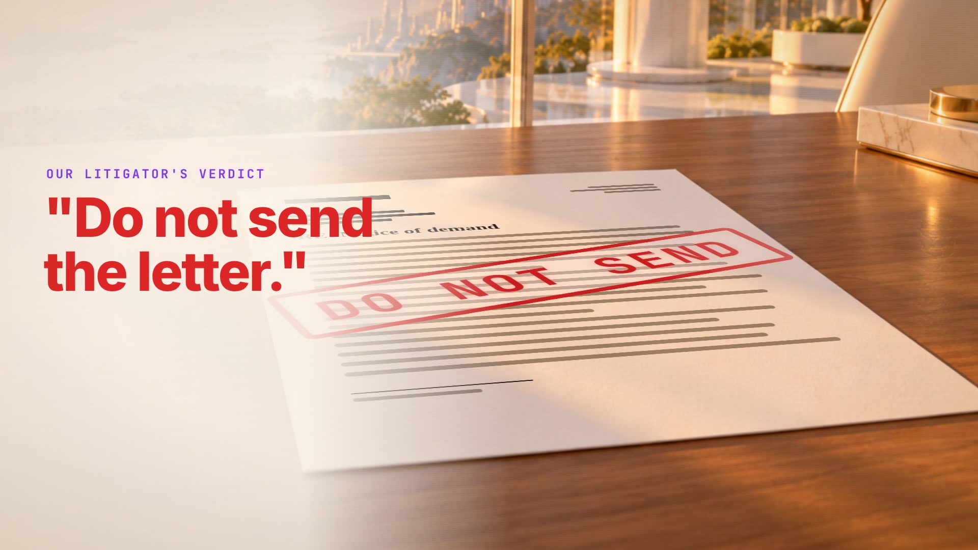The litigator agent's verdict: "Do not send the letter." The draft letter stamped DO NOT SEND.
