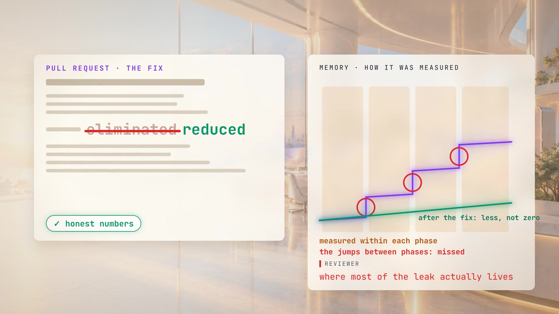 The pull request's description, with "eliminated" struck through and replaced by "reduced", marked "honest numbers". Beside it, how the leak was measured: within each phase, missing the jumps between phases, which is where most of the leak actually lives. After the fix: less, not zero.