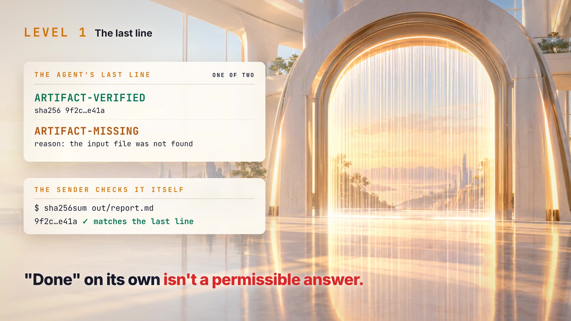 Level 1, the agent's last line, one of two: ARTIFACT-VERIFIED with a sha256 fingerprint, or ARTIFACT-MISSING with a reason. Below, the sender checks it itself: sha256sum out/report.md matches the last line. "Done" on its own isn't a permissible answer.