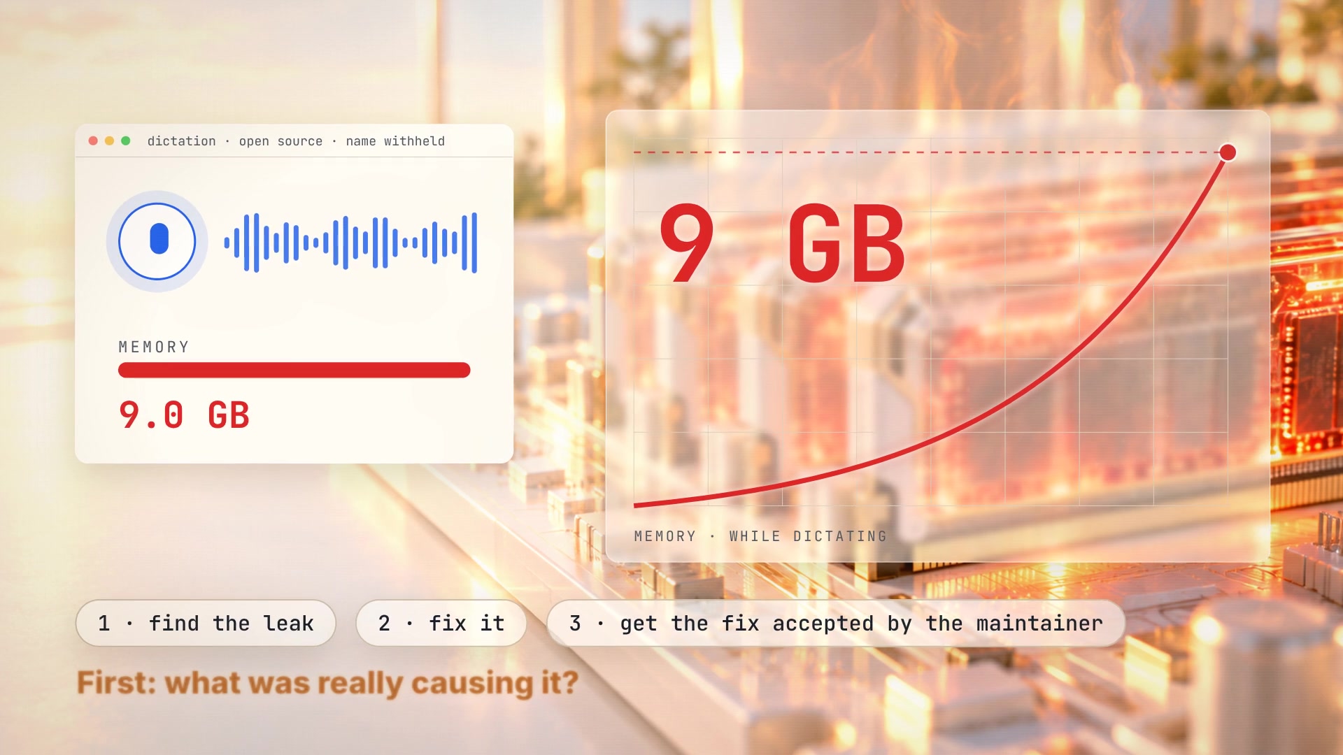 An open-source dictation app (name withheld) with its memory meter at 9.0 GB, and a curve of memory while dictating climbing to 9 GB. Three goals: find the leak, fix it, get the fix accepted by the maintainer.