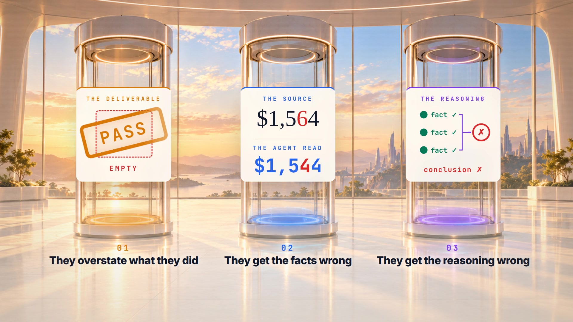 Three glass chambers, one per failure. 01, they overstate what they did: a deliverable stamped PASS over an empty box. 02, they get the facts wrong: the source says $1,564, the agent read $1,544 (illustrative numbers). 03, they get the reasoning wrong: three facts checked, the conclusion crossed out.