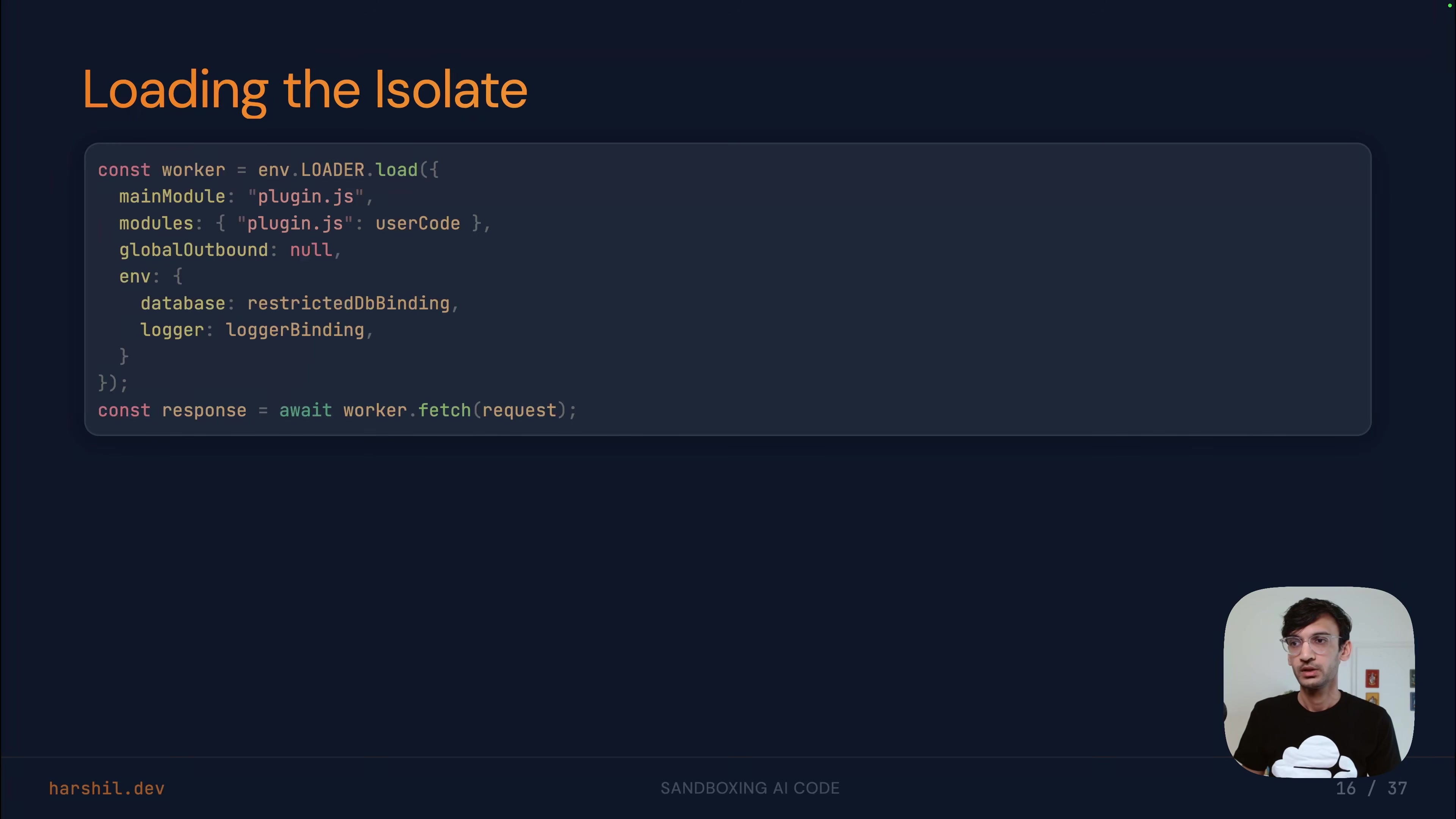 Code showing the core isolate setup: loader.load creates the isolate, passes user code as a module, sets globalOutbound to null to block all network requests, and exposes only restricted database and logger bindings