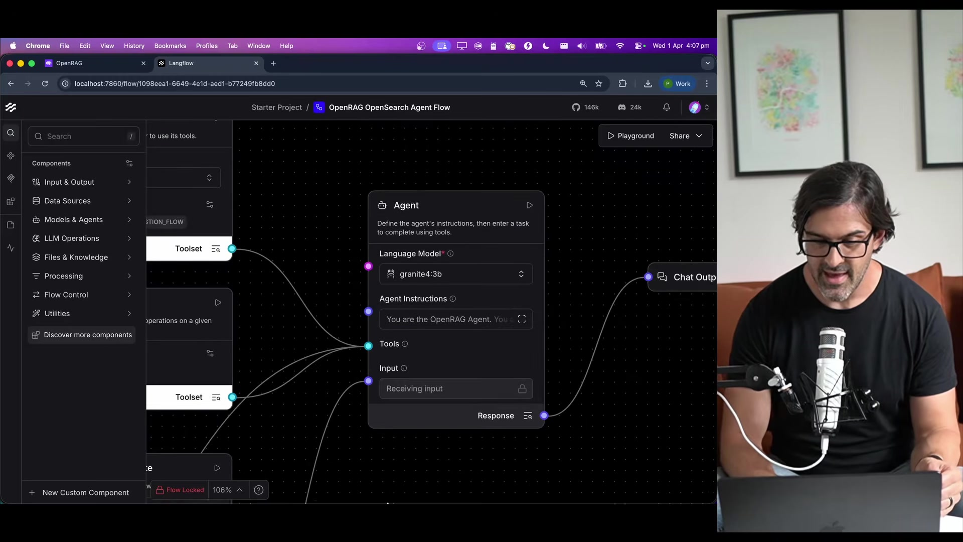 Langflow editor zoomed into the agent node, showing the agent configuration panel with model selection (granite4-3b), agent instructions, and connected tools including an MCP URL ingester, calculator, and OpenSearch search
