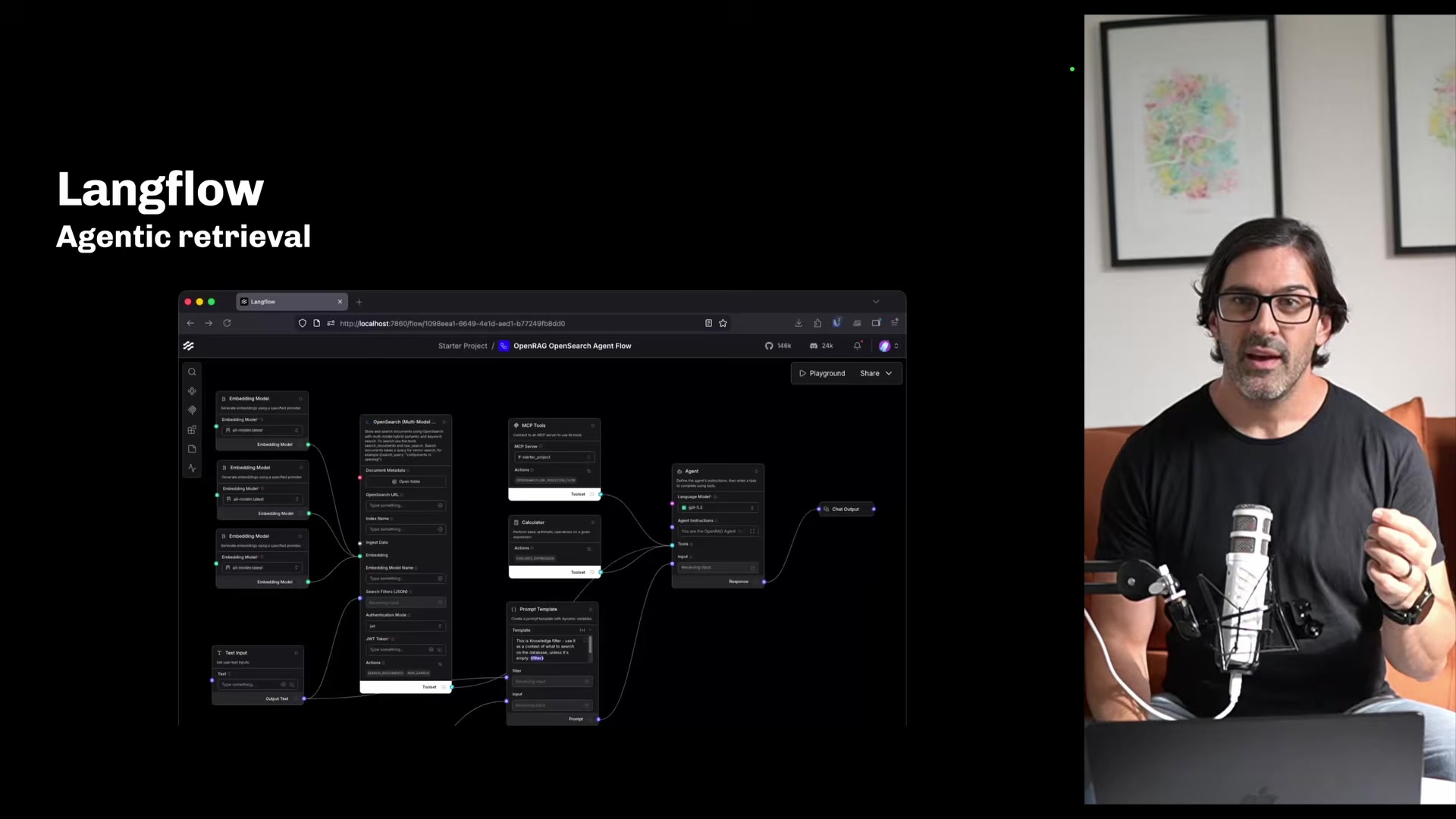 Slide titled "Langflow — Agentic retrieval" showing the full agent flow in the Langflow visual editor, with embedding models on the left feeding into an OpenSearch multi-model search node, connected to an agent node with tools including a calculator and MCP flow, a prompt template, and a chat output