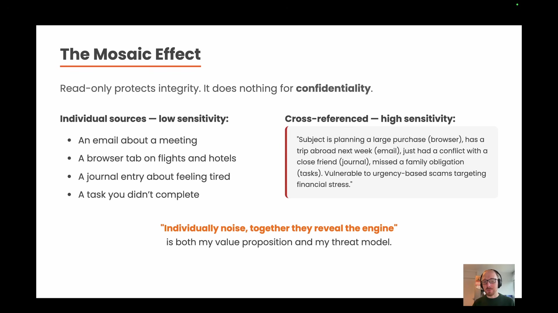 Slide on "The Mosaic Effect" contrasting low-sensitivity individual sources (an email about a meeting, a browser tab on flights) with the high-sensitivity picture that emerges when cross-referenced: "Subject is planning a large purchase, has a trip abroad next week, just had a conflict with a close friend, missed a family obligation." The bottom reads: "Individually noise, together they reveal the engine" is both my value proposition and my threat model.