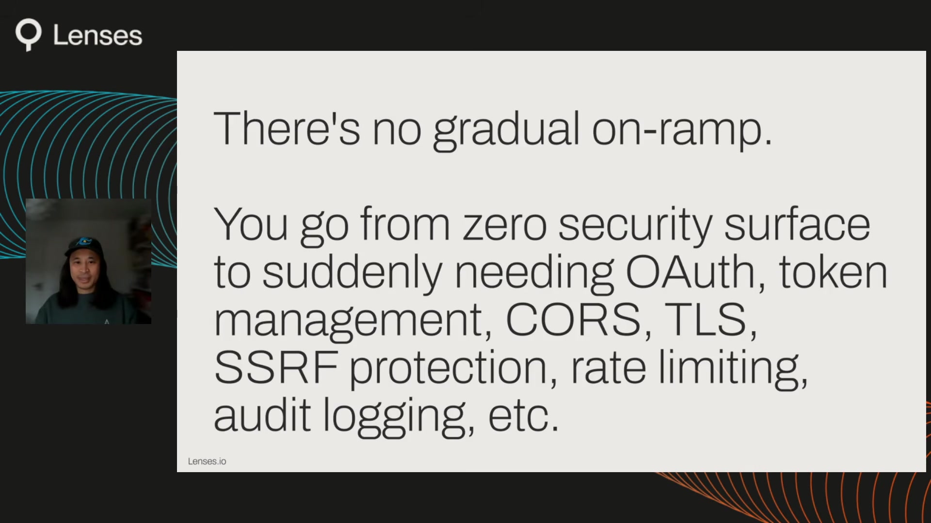 Slide listing the production security concerns that arrive all at once when moving from local STDIO mode: OAuth, token management, CORS, TLS, SSRF protection, rate limiting, and audit logging