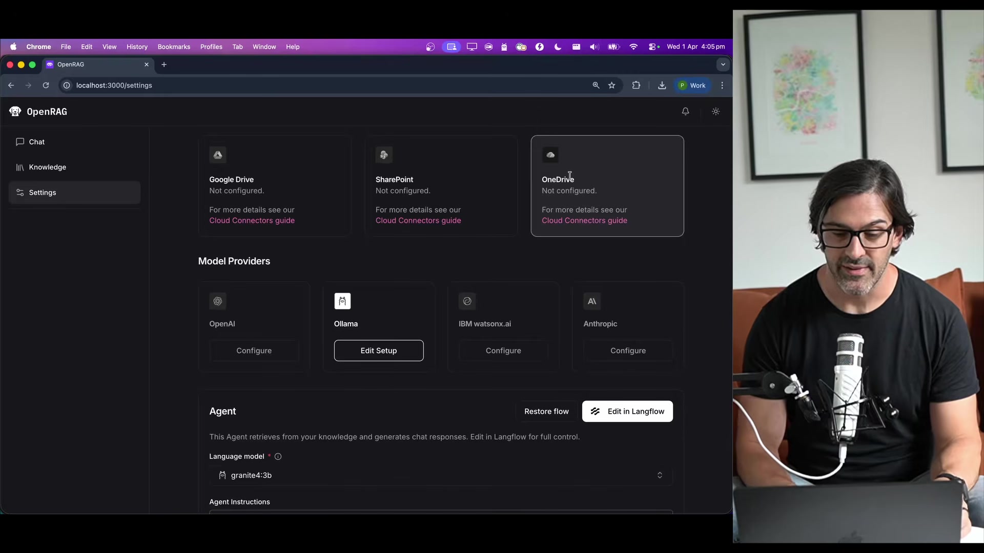 OpenRAG settings page showing cloud connectors (Google Drive, SharePoint, OneDrive), model providers (OpenAI, Ollama, IBM watsonx.ai, Anthropic), and agent configuration with granite4-3b selected as the language model