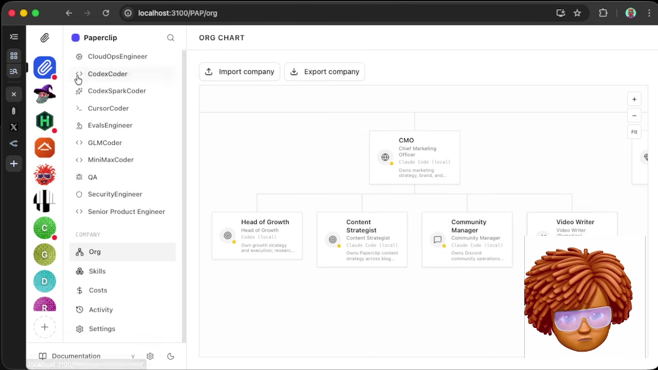 Paperclip org chart UI showing the CMO branch with Head of Growth, Content Strategist, Community Manager, and Video Writer reporting up to the Chief Marketing Officer