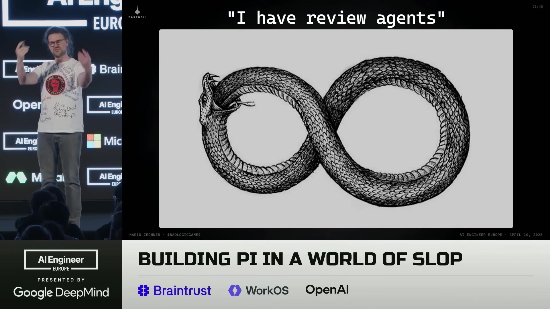 A black-and-white illustration of a snake biting its own tail forming an infinity-shaped Ouroboros, under the title "I have review agents"