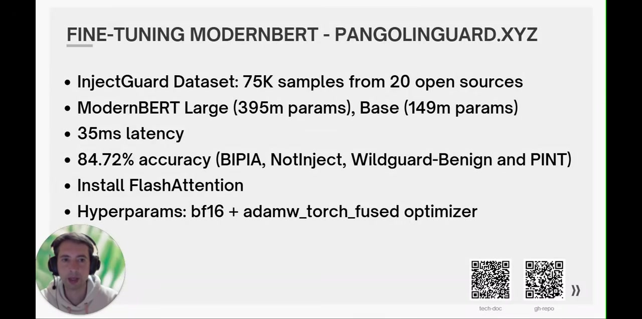 Fine-tuning ModernBERT (pangolinguard.xyz) summary slide: InjectGuard dataset of 75K samples from 20 open sources; ModernBERT Large 395m params and Base 149m params; 35ms latency; 84.72% accuracy on BIPIA, NotInject, Wildguard-Benign and PINT; install FlashAttention; hyperparams bf16 + adamw_torch_fused optimizer.