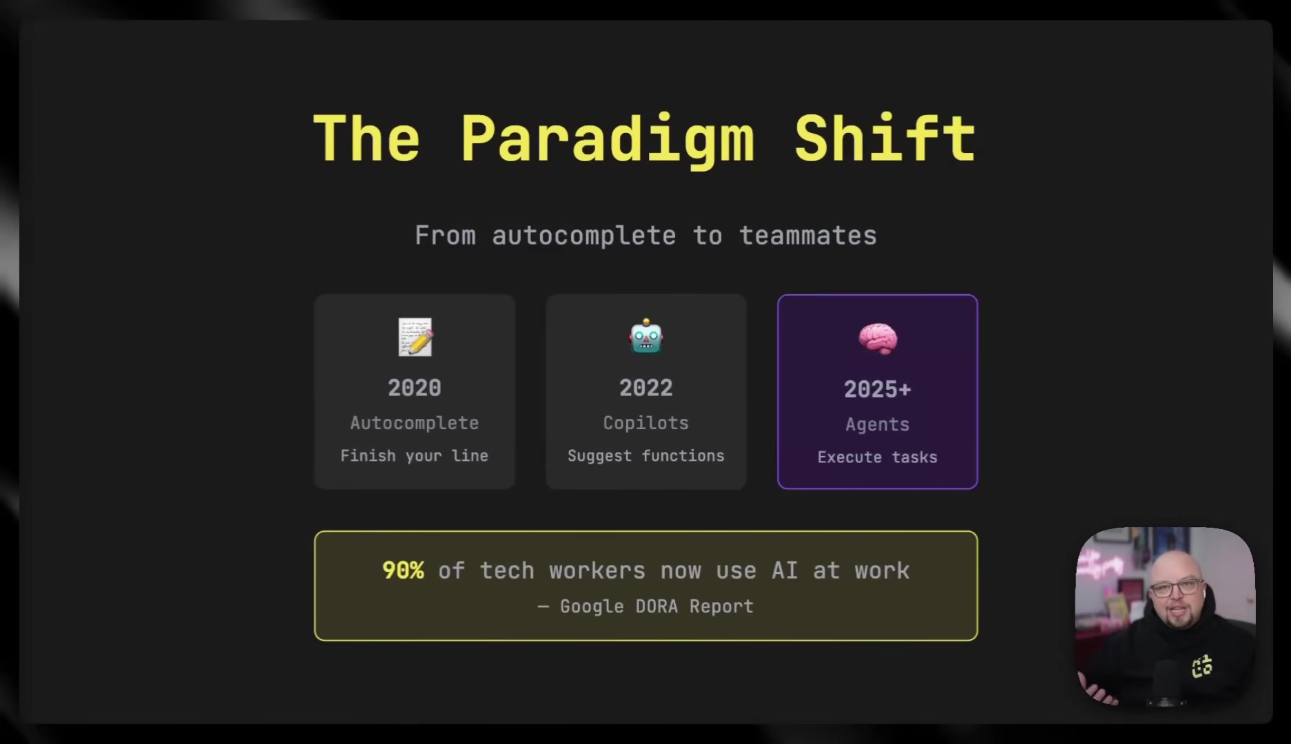 Slide titled "The Paradigm Shift: From autocomplete to teammates" showing a three-stage timeline -- 2020 Autocomplete (finish your line), 2022 Copilots (suggest functions), 2025+ Agents (execute tasks) -- with a stat that 90% of tech workers now use AI at work per the Google DORA Report