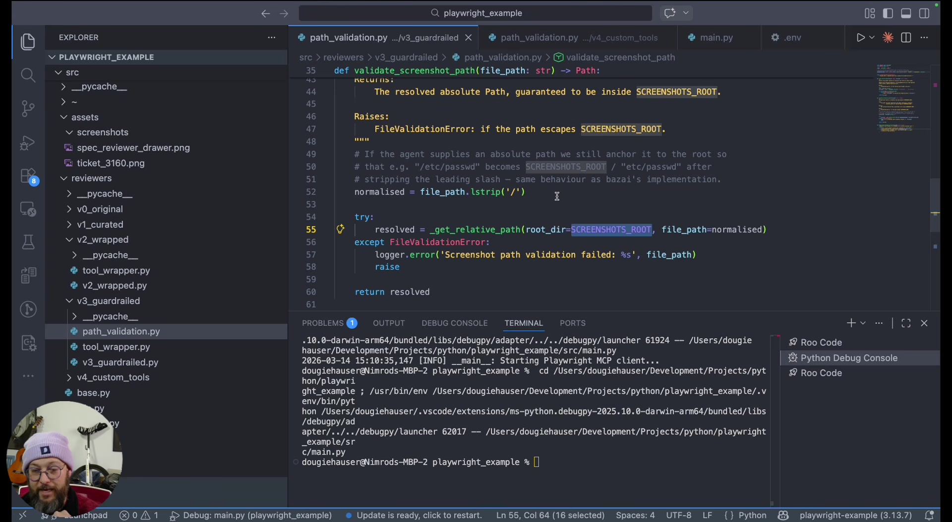 Code showing the path validation guardrail: a function that resolves the absolute path and checks whether it falls inside SCREENSHOTS_ROOT, raising a FileValidationError if the path escapes the designated directory