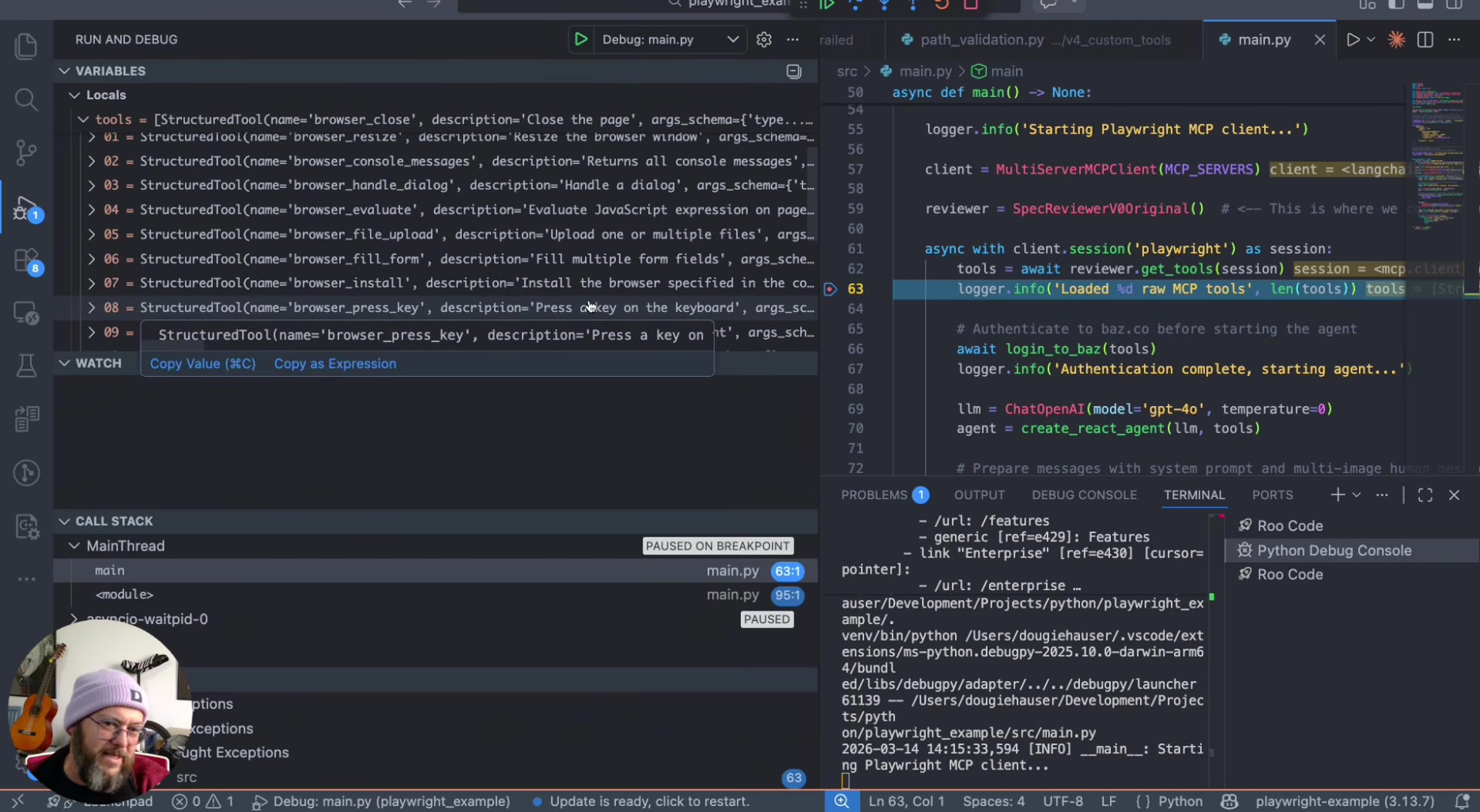 VS Code debugger showing the list of Playwright MCP tools with their default shallow descriptions: browser_close as "Close the page", browser_handle_dialog as "Handle a dialog", browser_file_upload as "Upload one or multiple files", and others