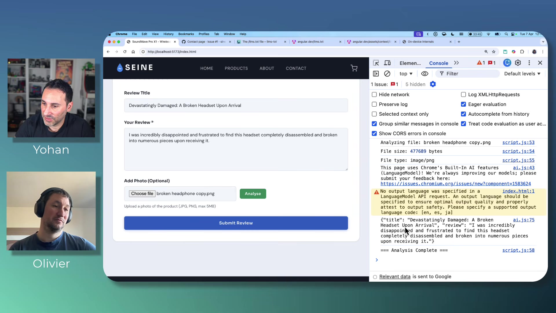 The Write a Review form auto-filled with an AI-generated title and review text based on an uploaded photo of a broken headset, with the Chrome console showing the Prompt API analyzing the image and generating structured output