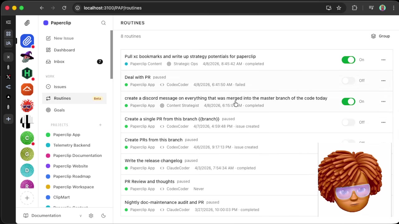 Paperclip Routines screen listing eight recurring jobs assigned to project + agent pairs, including 'create a discord message on everything that was merged into the master branch of the code today', 'Create a single PR from this branch {{branch}}', and 'Write the release changelog'