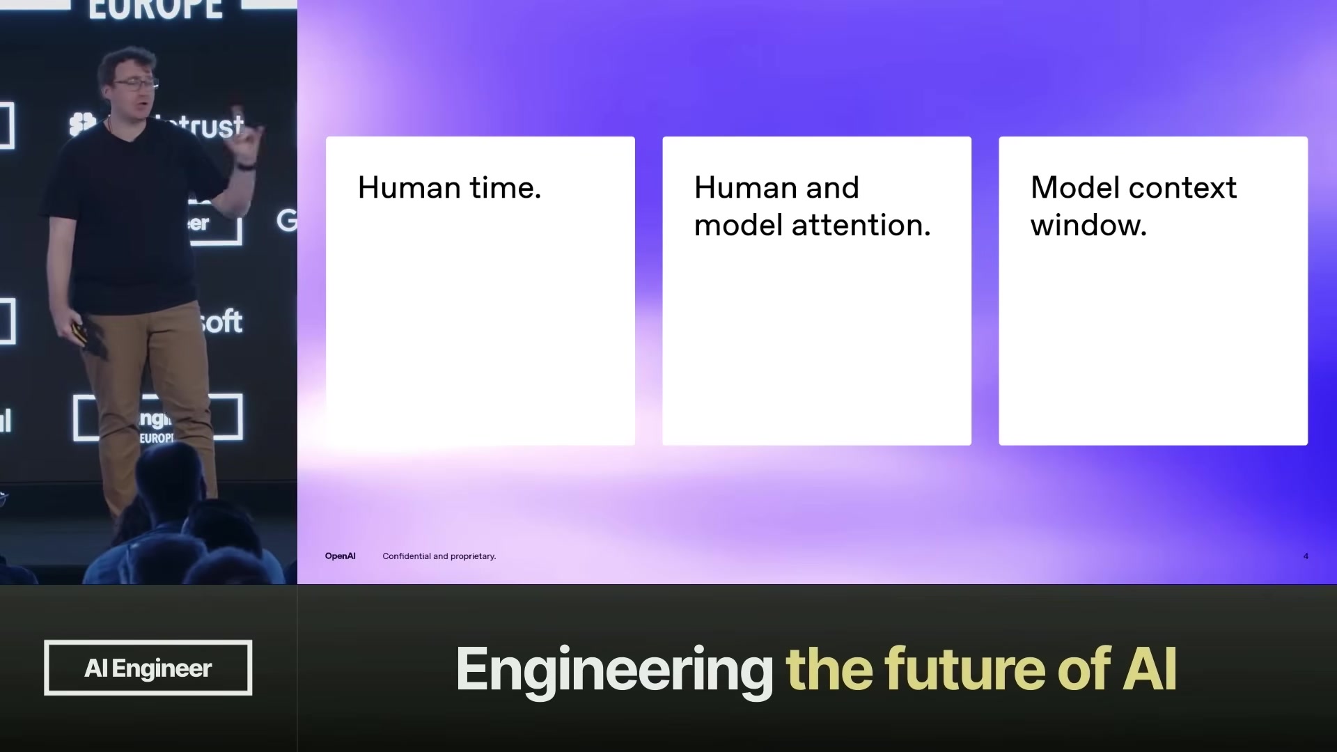 Three-card slide listing the new scarce resources: "Human time." / "Human and model attention." / "Model context window."