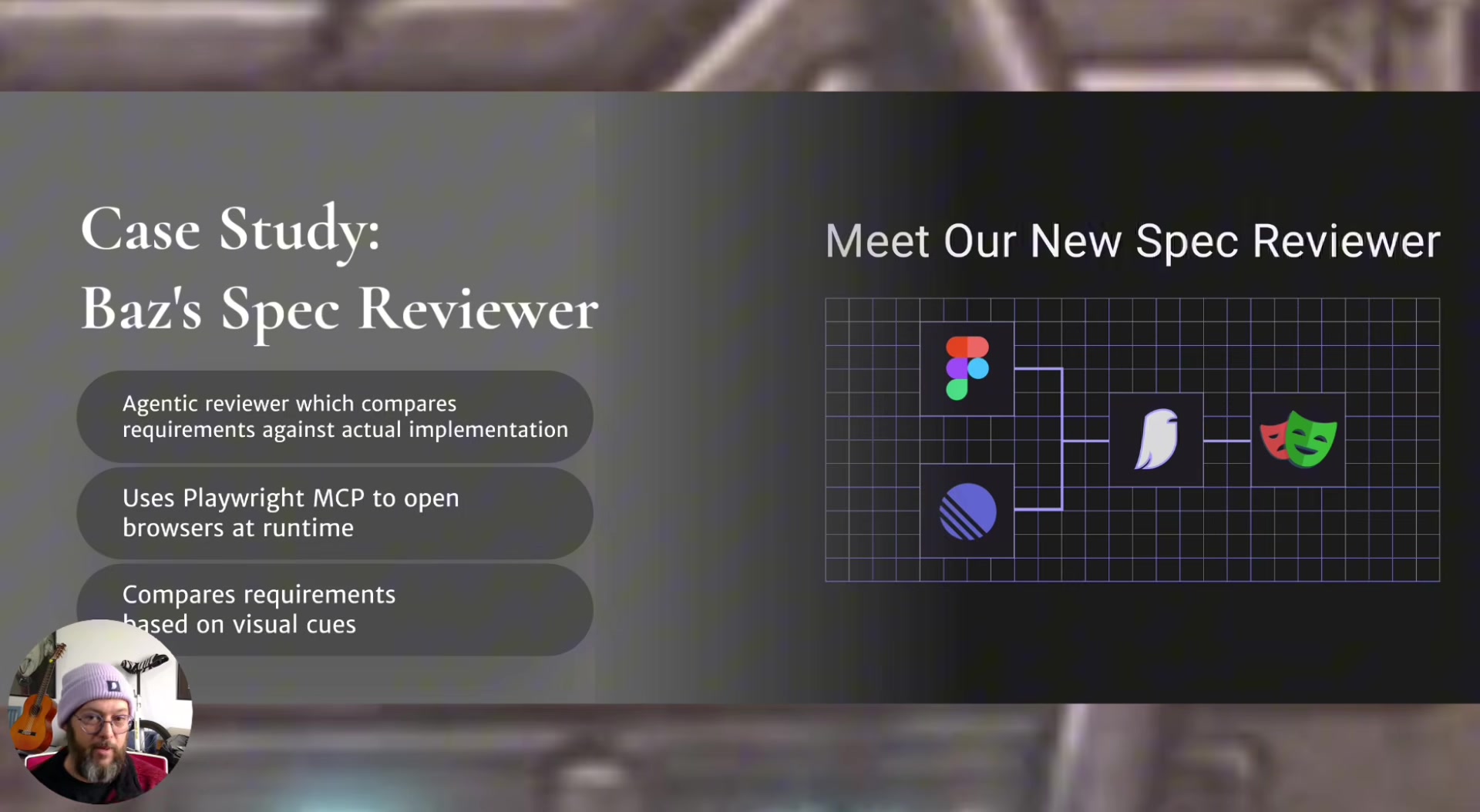 Slide showing Baz's spec reviewer case study: an agentic reviewer that compares requirements against implementation using Playwright MCP, with a flow diagram showing JIRA, Figma, and other inputs flowing through the agent to a browser