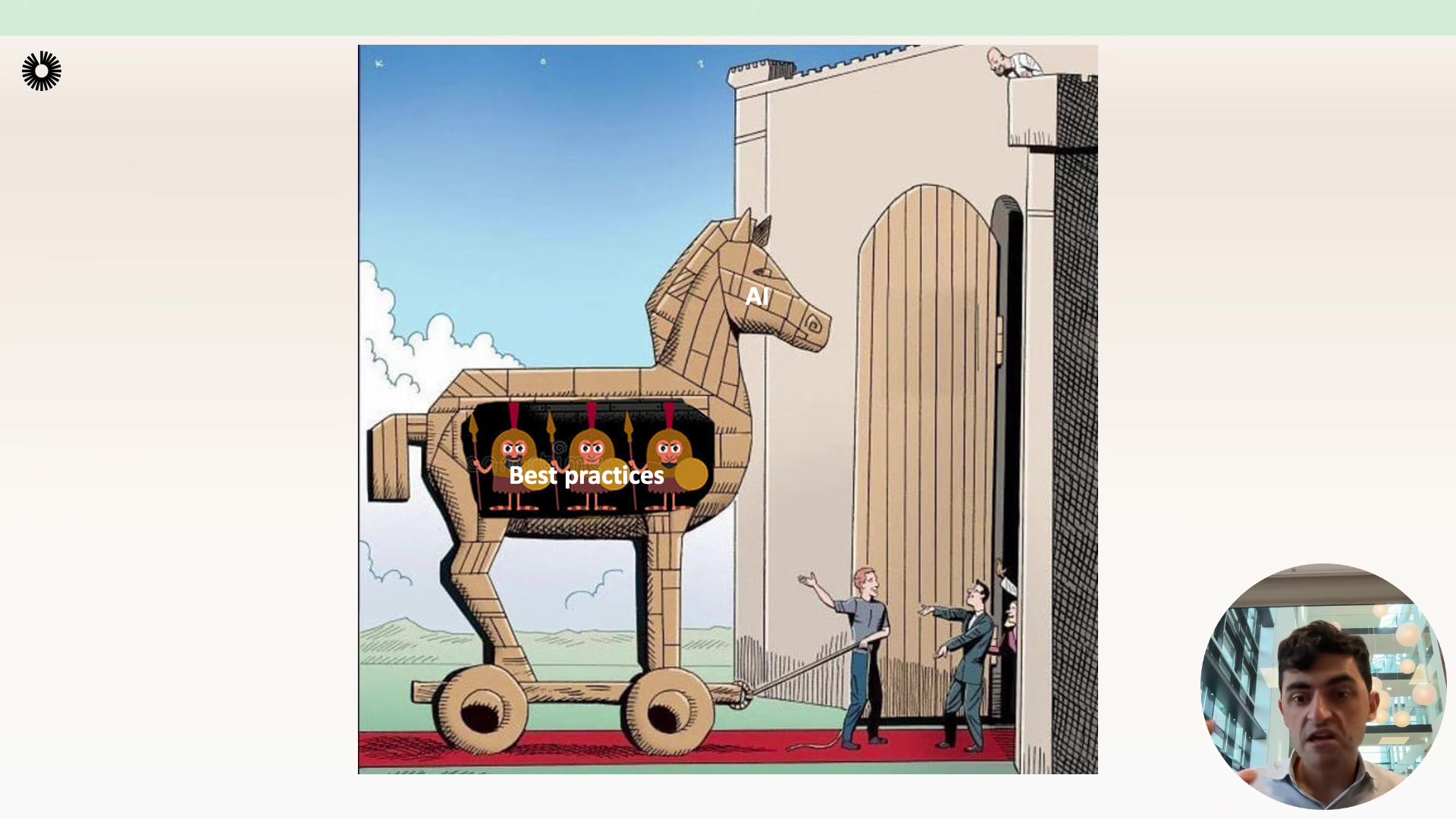 Slide showing a cartoon Trojan horse labeled "Best practices" being wheeled through a castle gate -- illustrating how AI hype can be used to smuggle in long-overdue platform improvements