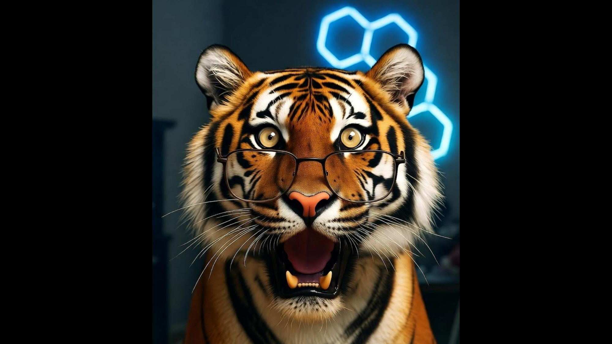 A wide-eyed, open-mouthed tiger in front of a glowing neon hexagon -- even the tiger's mind is blown.