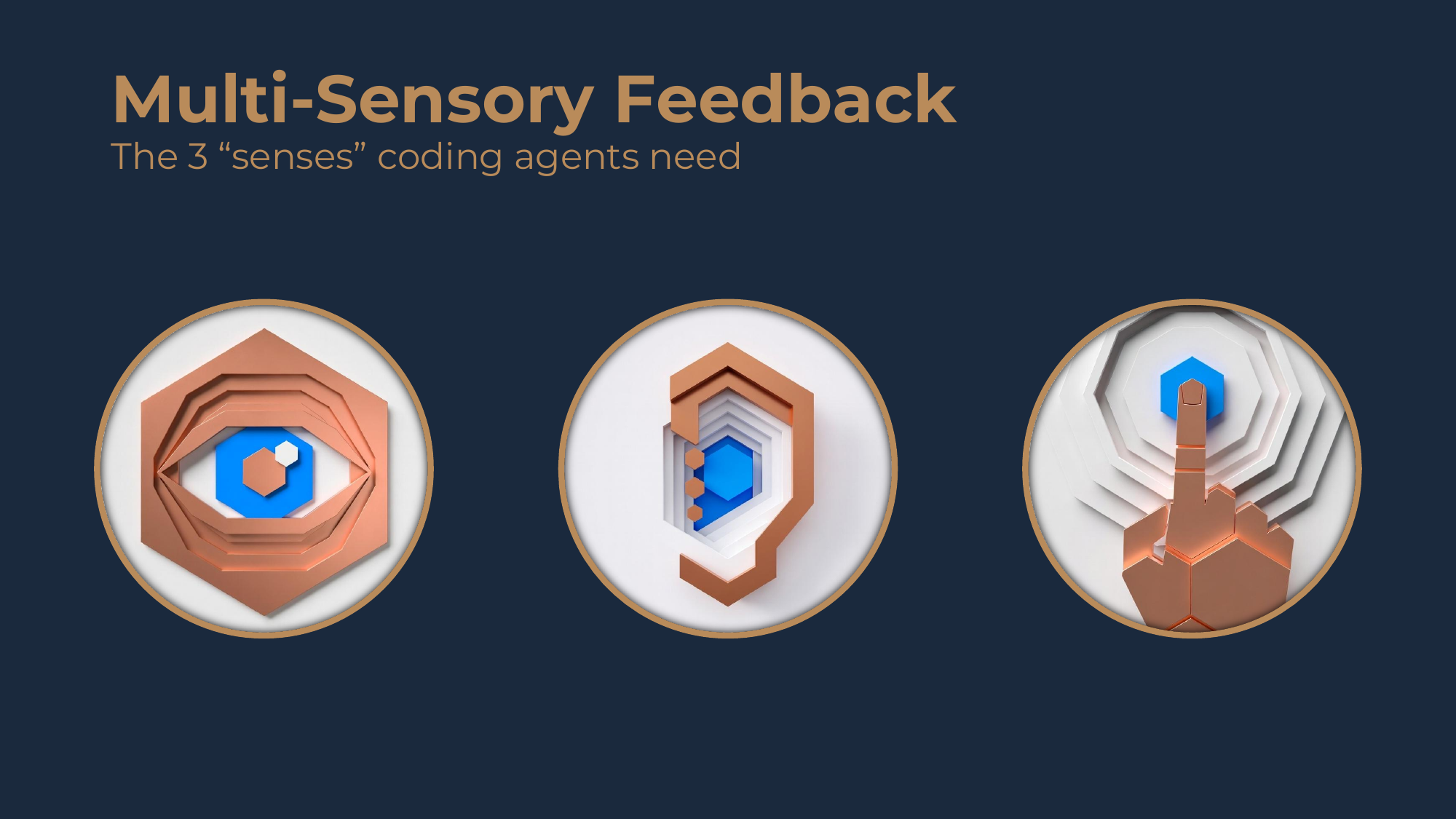 Multi-Sensory Feedback -- the three "senses" coding agents need, shown as emblem icons: an eye (visual), an ear (auditory), and a hand (tactile).