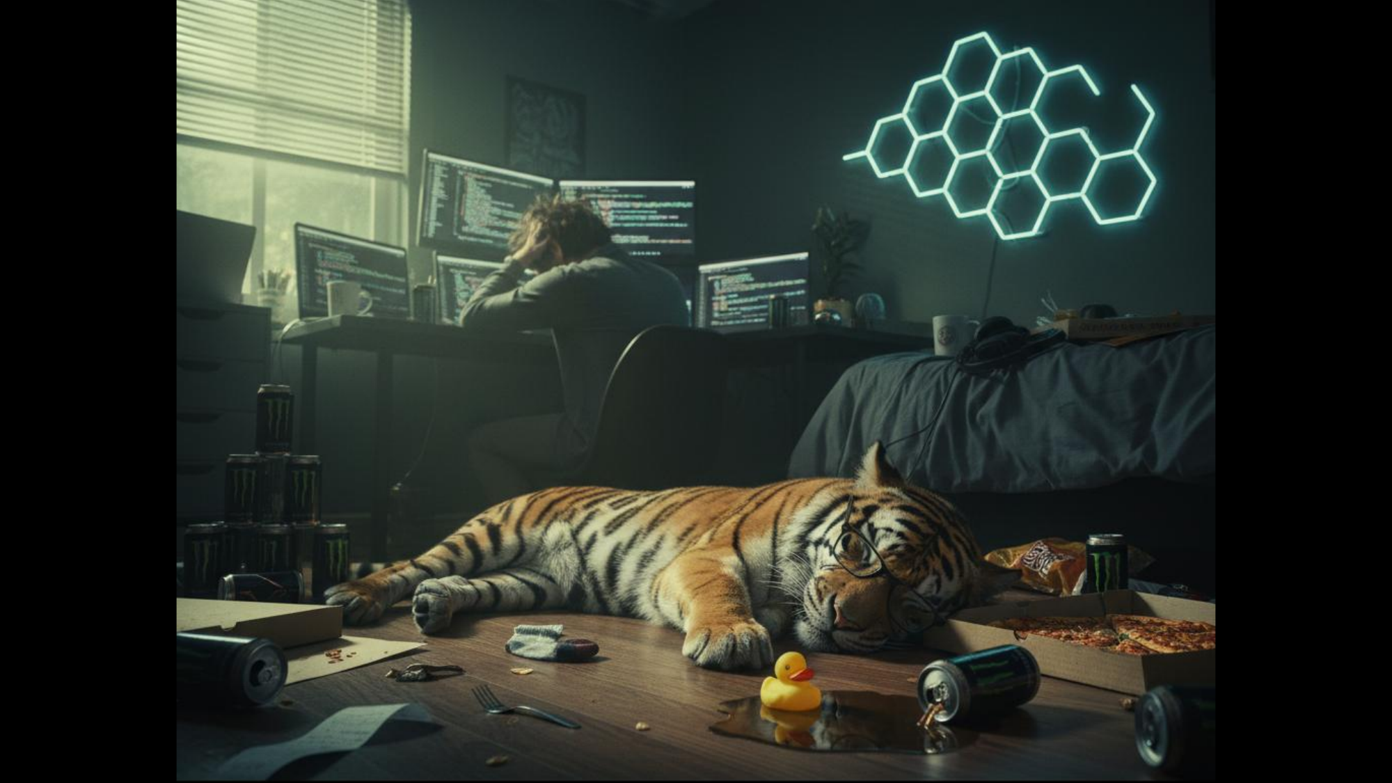 A tiger passed out on the floor of a dark, messy dev room -- energy-drink cans, a pizza box and a rubber duck strewn about, a coder hunched at a wall of glowing monitors, a neon hexagon logo on the wall.