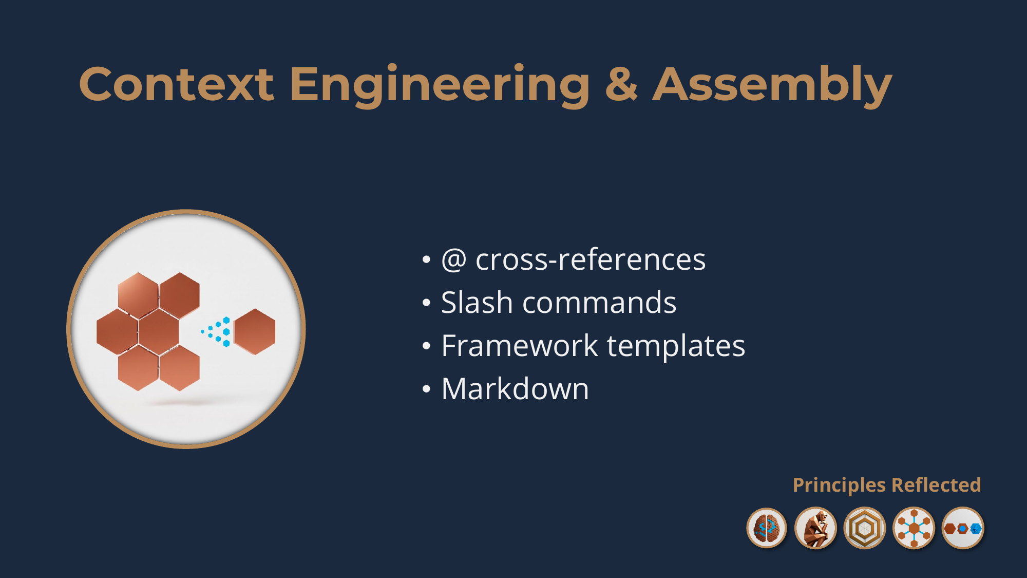 Context Engineering & Assembly: @ cross-references, slash commands, framework templates, and markdown.