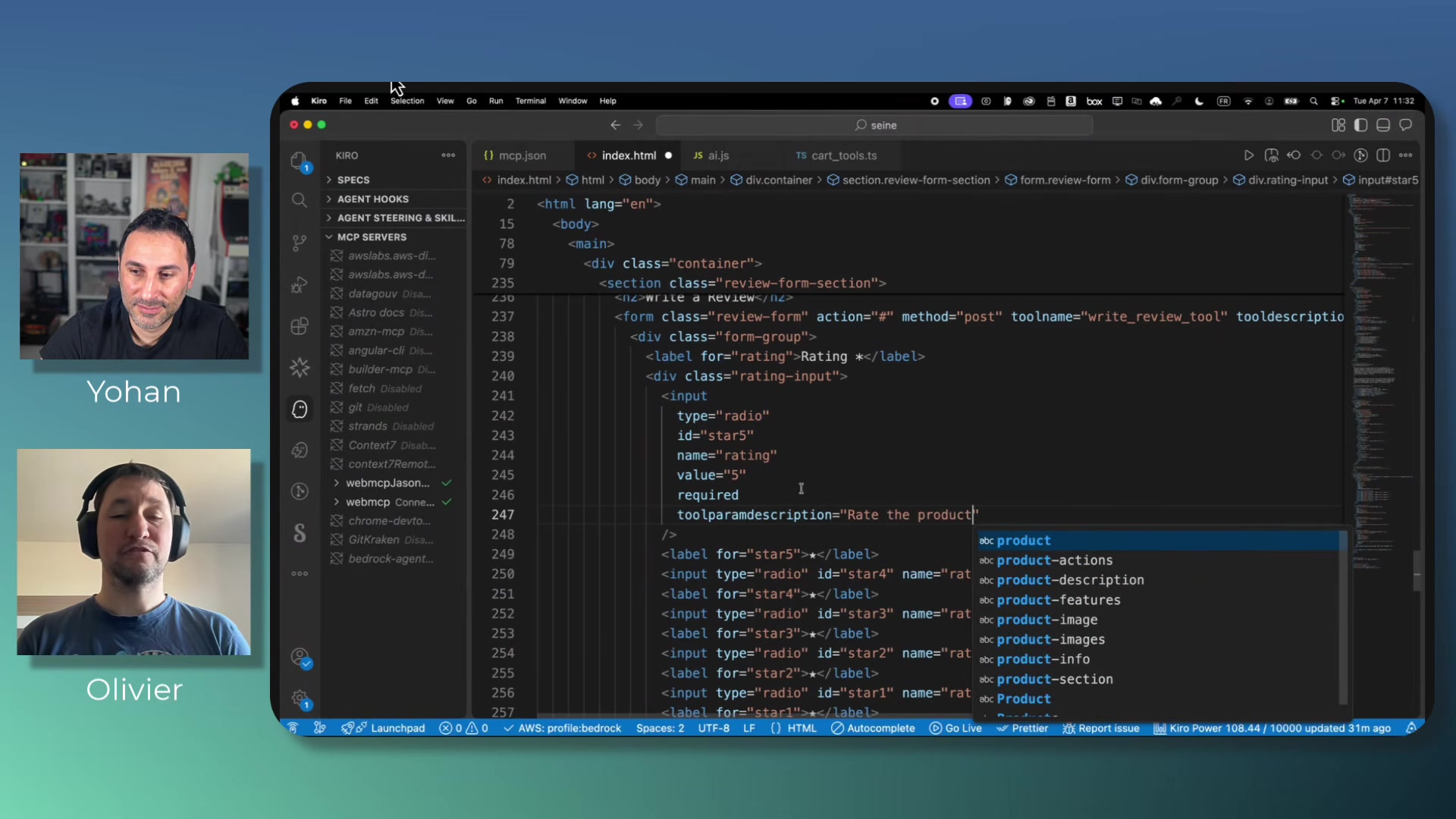 HTML form code in VS Code showing WebMCP declarative attributes -- tool-name set to write_review_tool, toolDescription, and tool-param-description attributes on form inputs, allowing the browser to auto-generate an MCP tool schema from the form structure