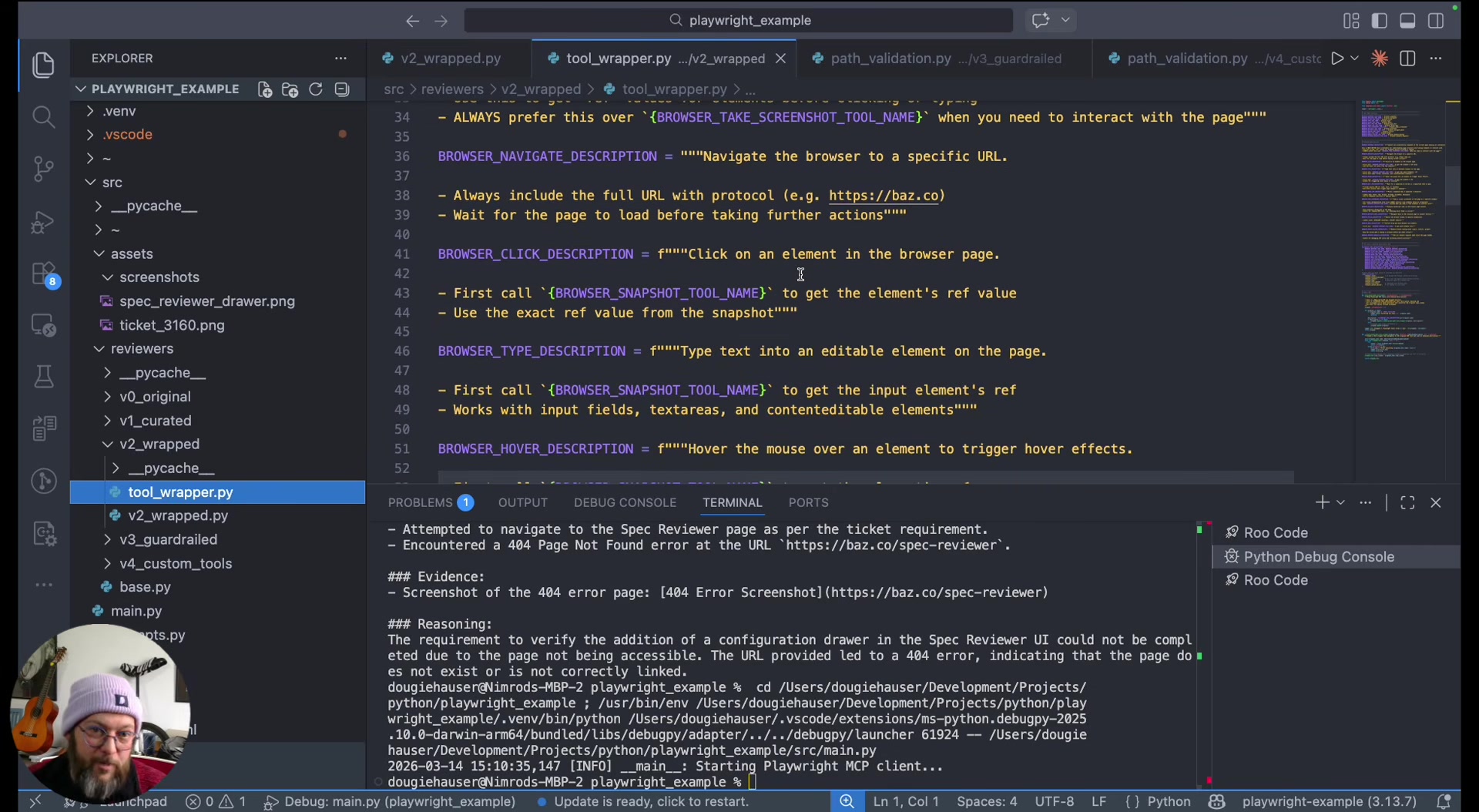 Code showing the wrapped tool descriptions: BROWSER_NAVIGATE gets "Navigate the browser to a specific URL — Always include the full URL with protocol"; BROWSER_CLICK gets "Click on an element in the browser page"; BROWSER_TYPE gets "Type text into an editable element on the page — First call the snapshot tool to get the input element's ref"; BROWSER_HOVER gets "Move the mouse over an element to trigger hover effects"
